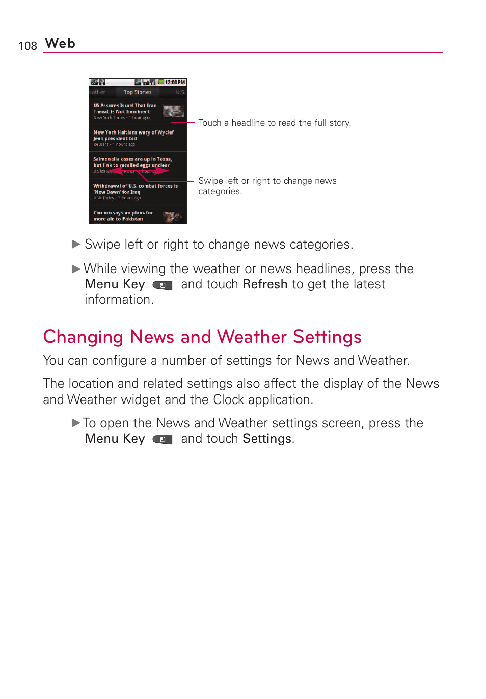 Changing news and weather se, Changing news and weather settings | LG VS660 User Manual | Page 110 / 692