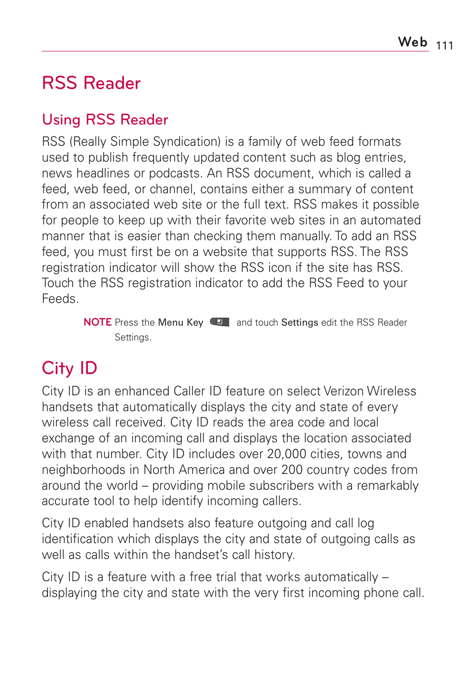 Rss reader, Using rss reader, City id | LG VS660 User Manual | Page 113 / 692