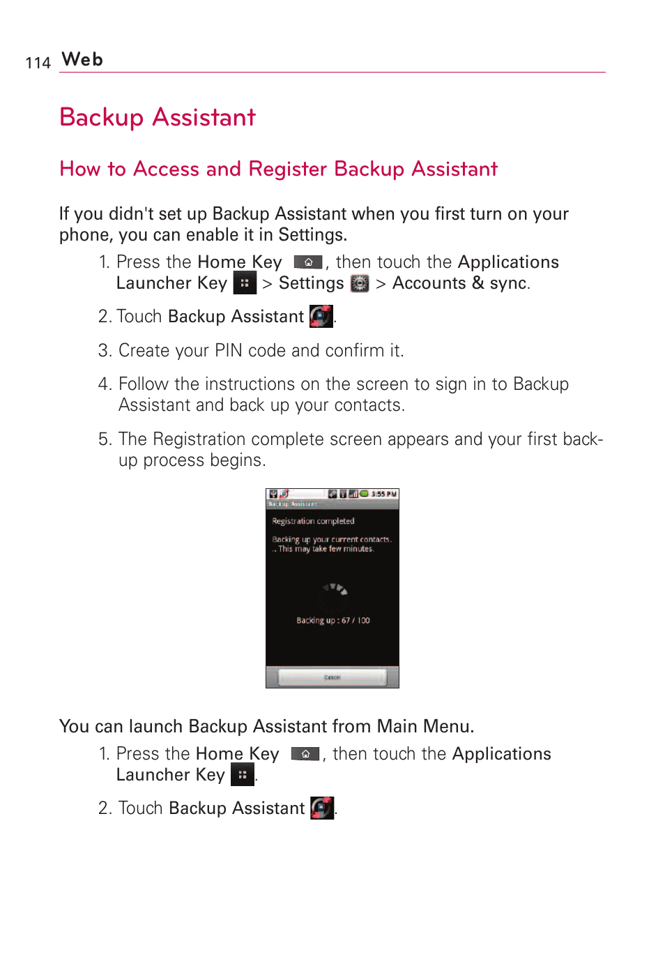 Backup assistant, How to access and register b, How to access and register backup assistant | LG VS660 User Manual | Page 116 / 692