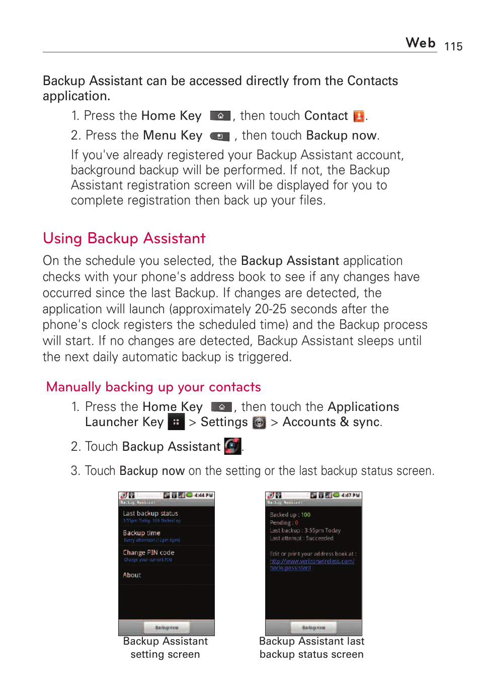 Using backup assistant, Manually backing up your contacts | LG VS660 User Manual | Page 117 / 692