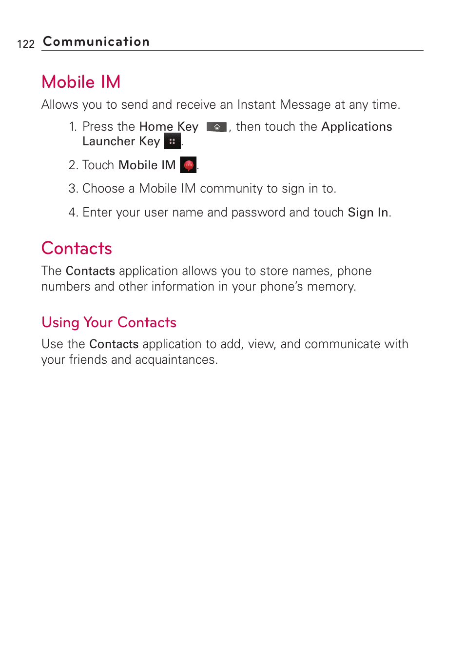 Communication, Mobile im, Contacts | Using your contacts | LG VS660 User Manual | Page 124 / 692