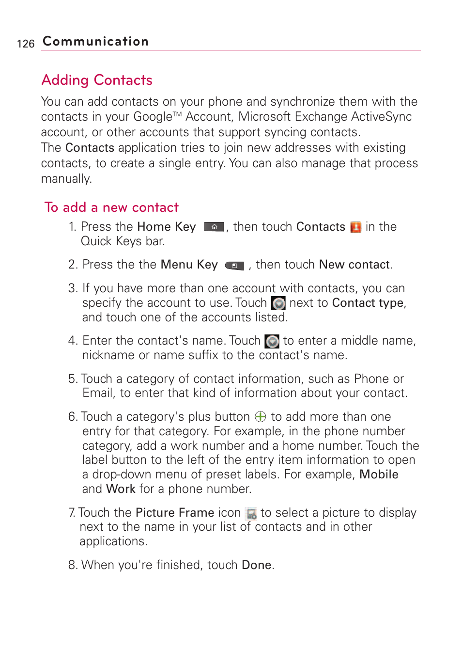 Adding contacts | LG VS660 User Manual | Page 128 / 692