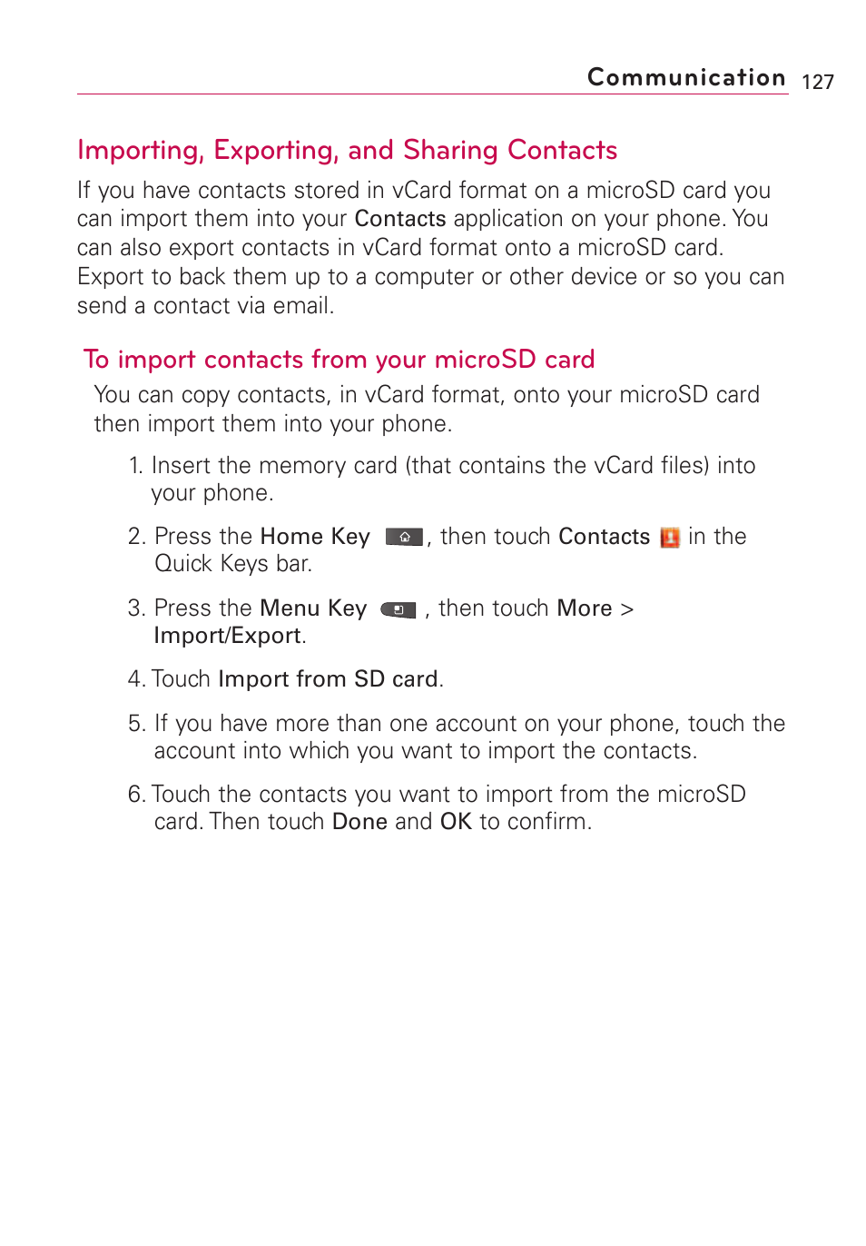 Importing, exporting, and sh, Importing, exporting, and sharing contacts | LG VS660 User Manual | Page 129 / 692