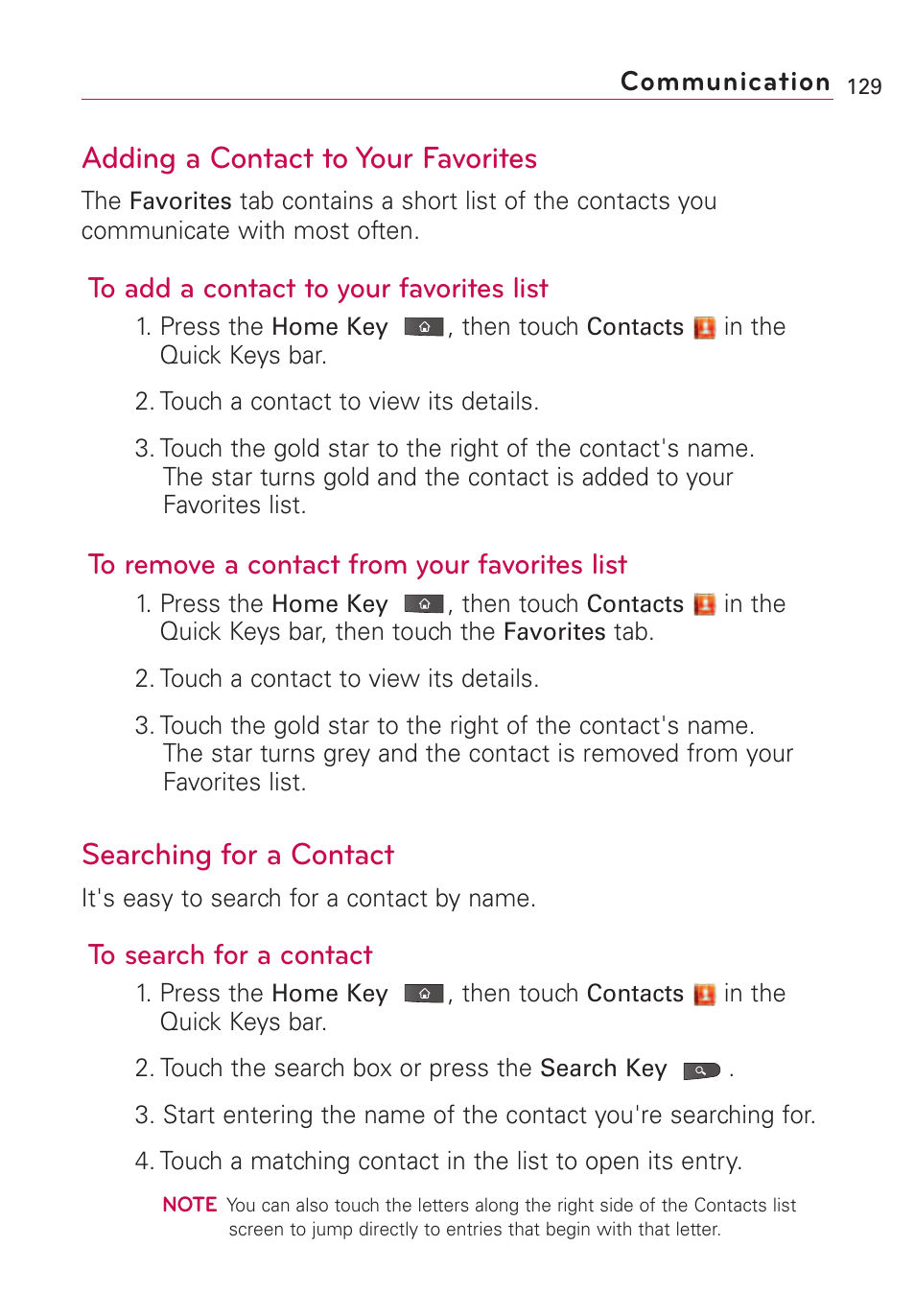 Adding a contact to your fav, Searching for a contact, Adding a contact to your favorites | LG VS660 User Manual | Page 131 / 692