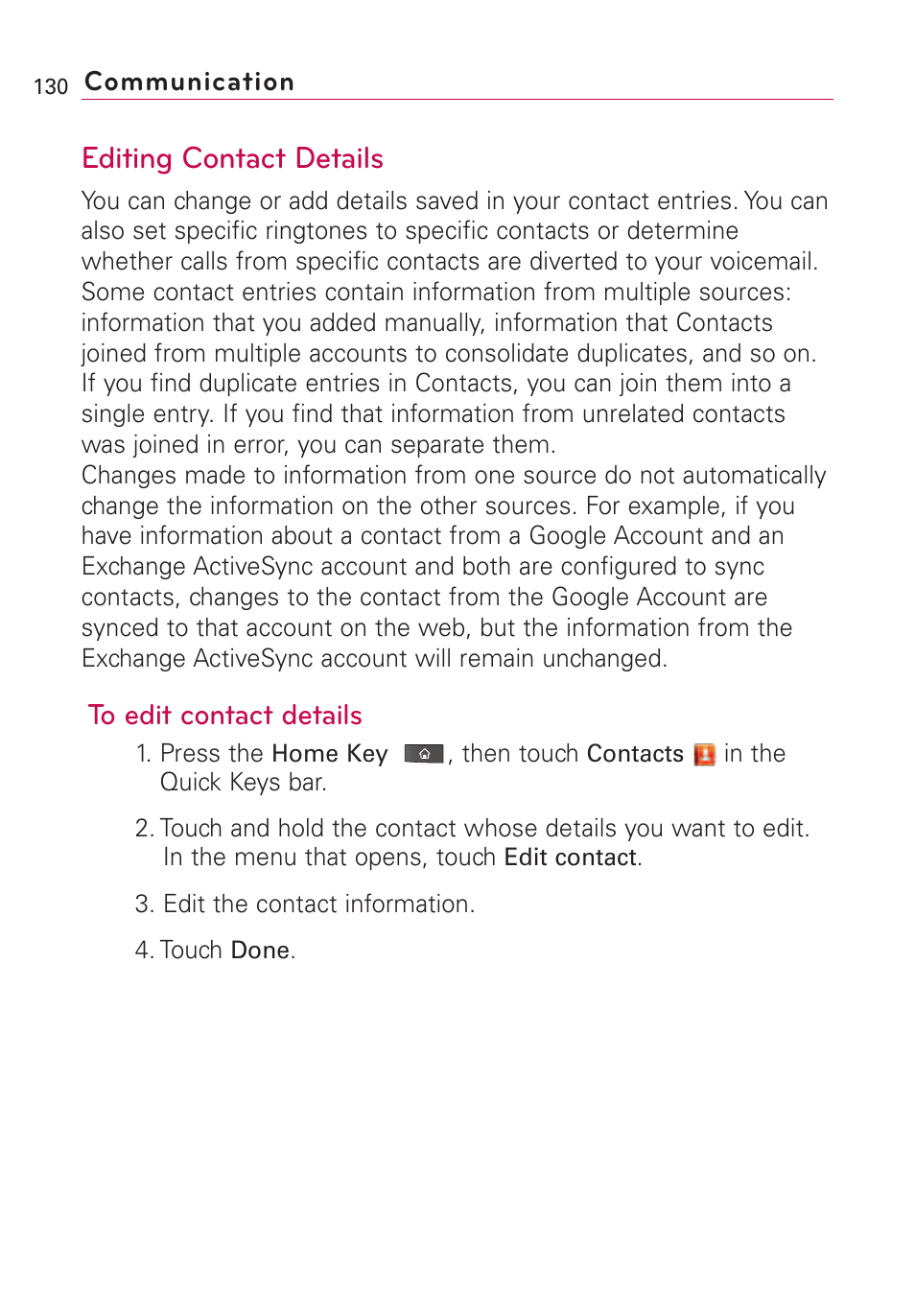 Editing contact details | LG VS660 User Manual | Page 132 / 692