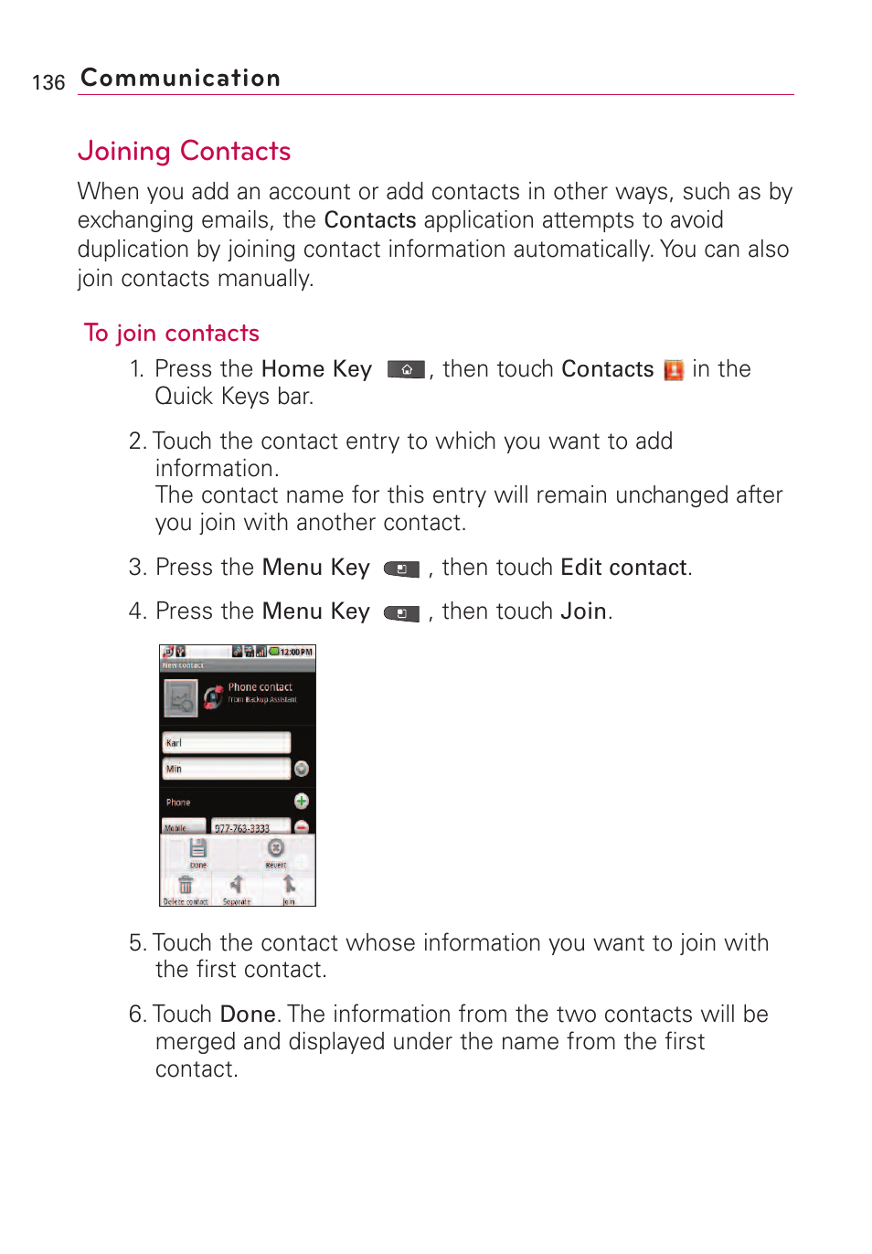 Joining contacts | LG VS660 User Manual | Page 138 / 692