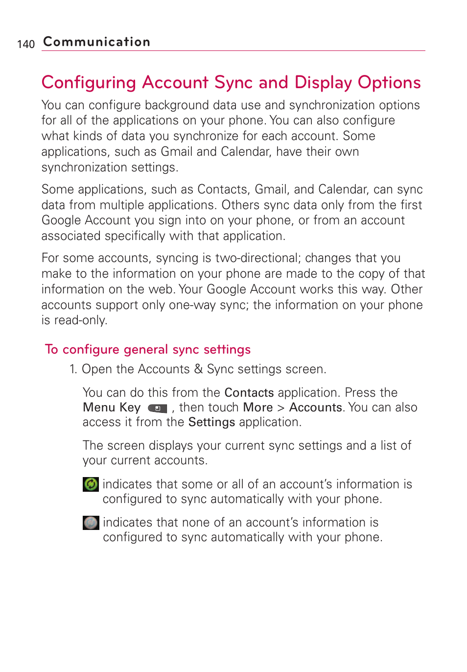 Configuring account sync and, Configuring account sync and display options | LG VS660 User Manual | Page 142 / 692