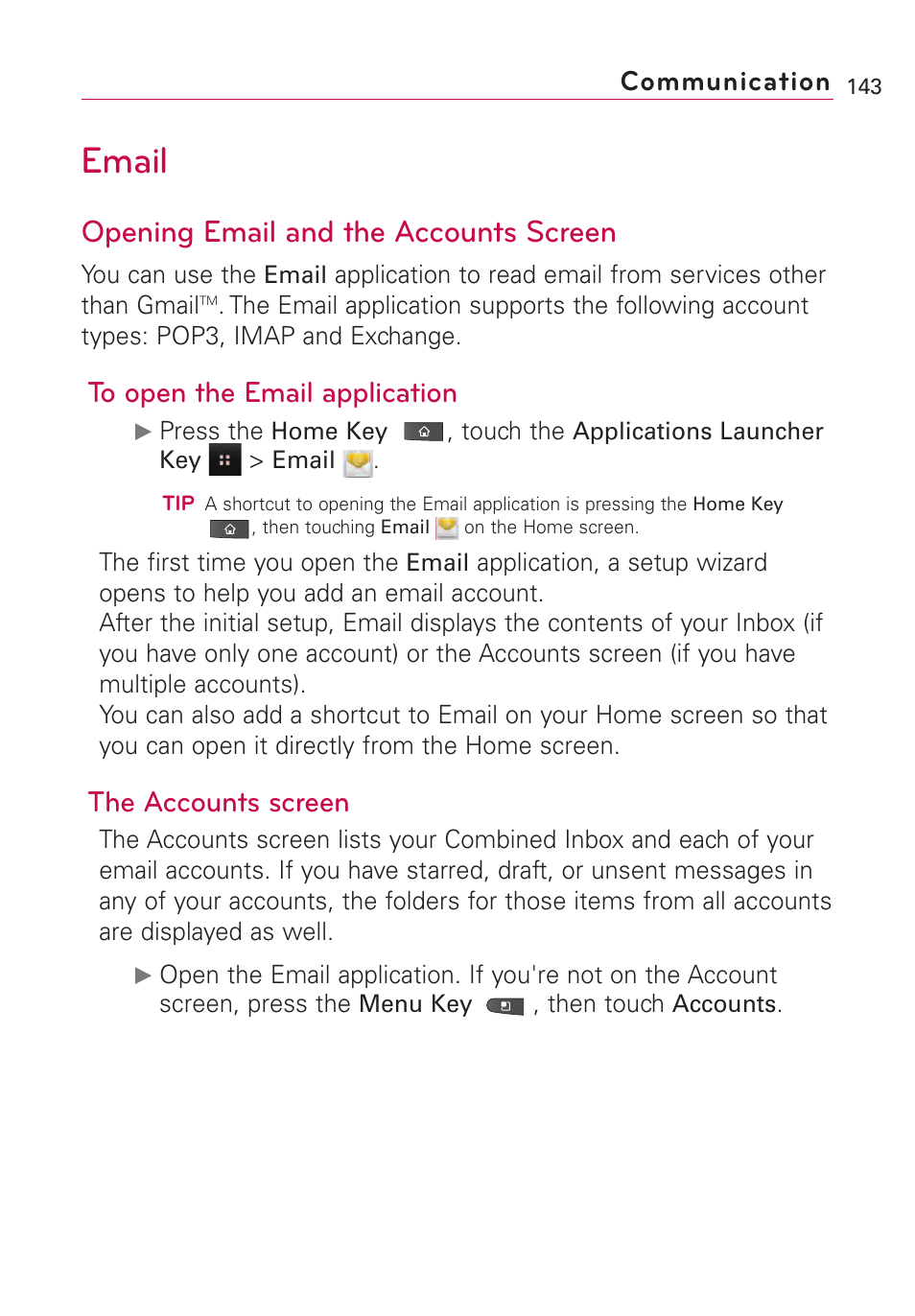 Email, Opening email and the accoun, Opening email and the accounts screen | The accounts screen, Communication | LG VS660 User Manual | Page 145 / 692