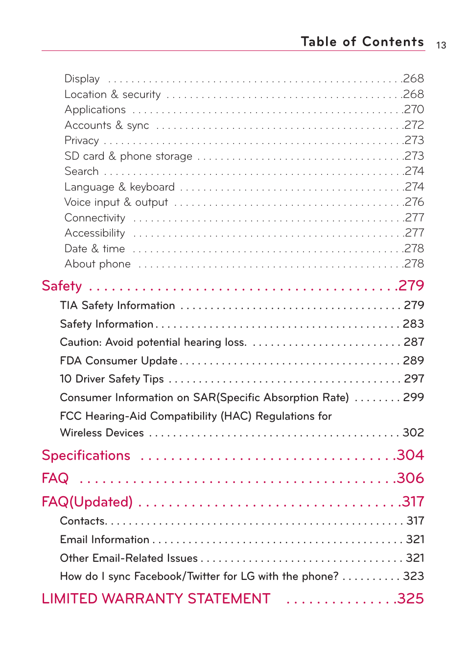 Safety, Specifications faq faq(updated), Limited warranty statement | LG VS660 User Manual | Page 15 / 692
