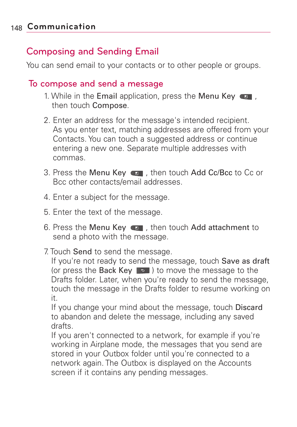 Composing and sending email | LG VS660 User Manual | Page 150 / 692
