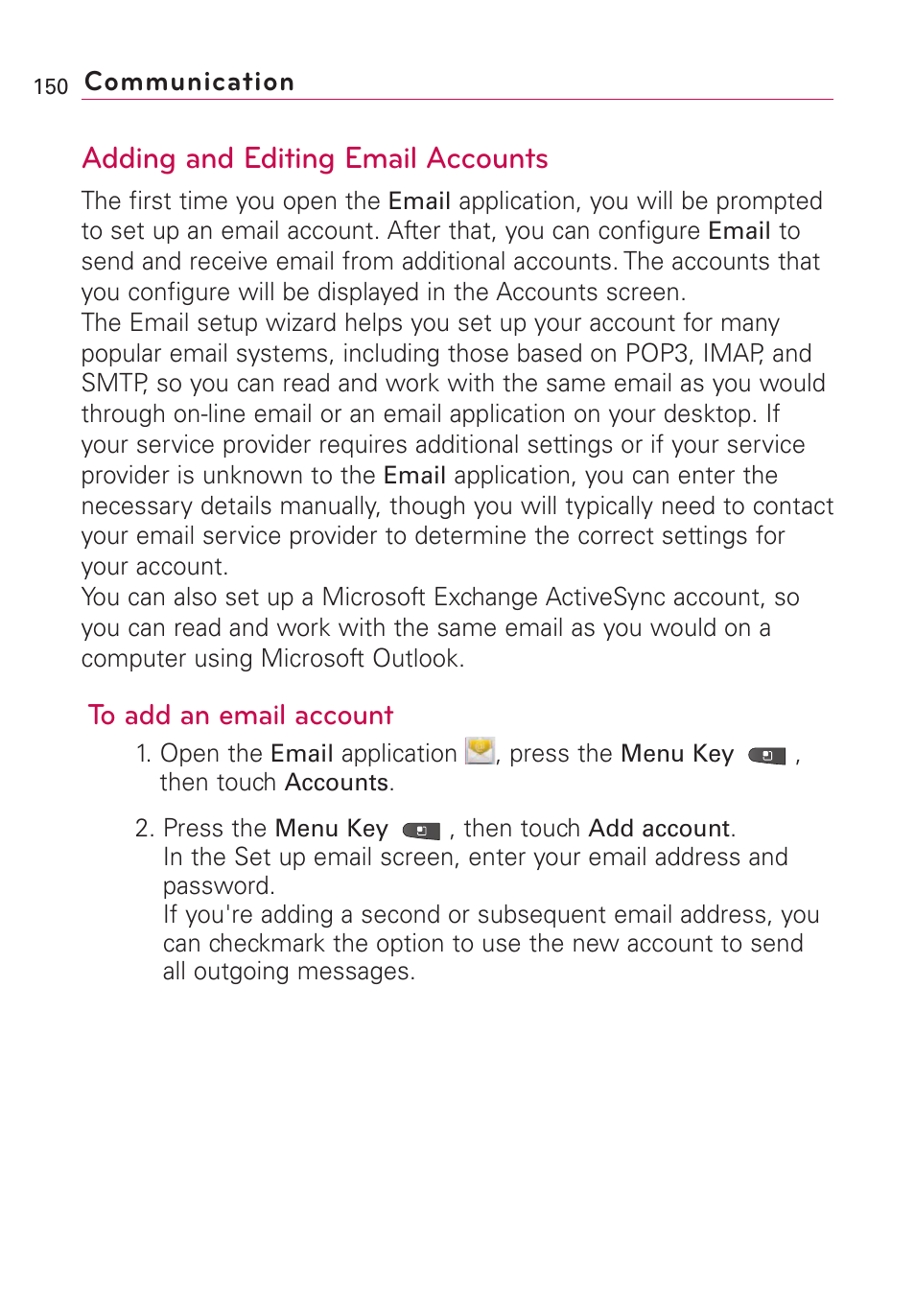 Adding and editing email acc, Adding and editing email accounts | LG VS660 User Manual | Page 152 / 692