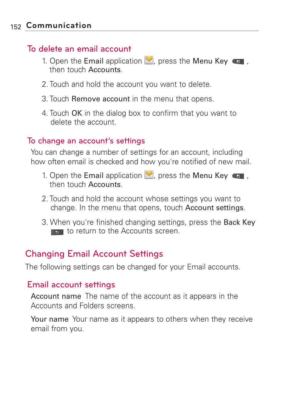 Changing email account settings, Email account settings | LG VS660 User Manual | Page 154 / 692