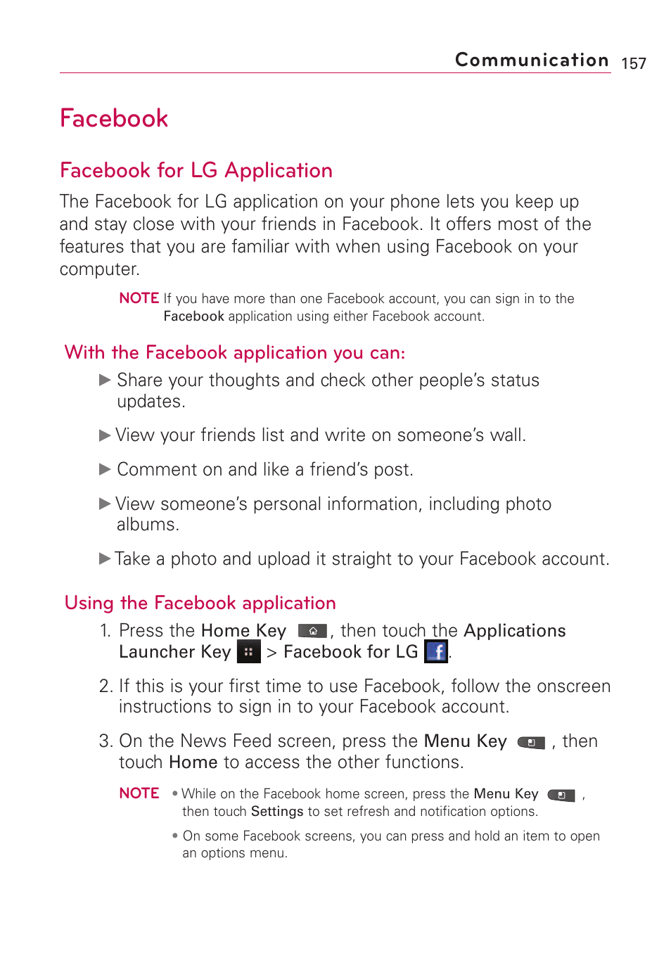 Facebook, Facebook for lg application, With the facebook application you can | Using the facebook application, Communication | LG VS660 User Manual | Page 159 / 692