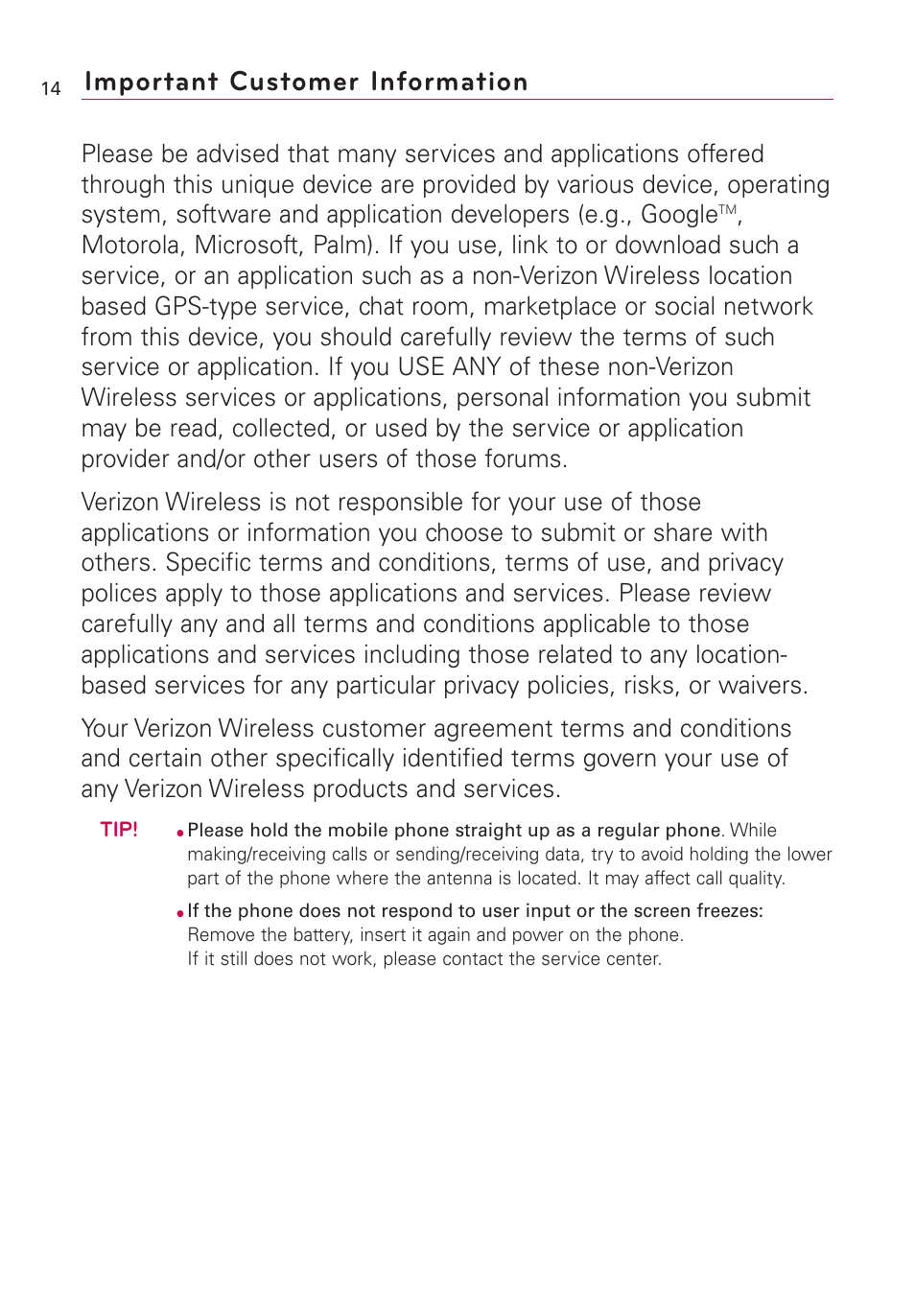 Important customer information | LG VS660 User Manual | Page 16 / 692
