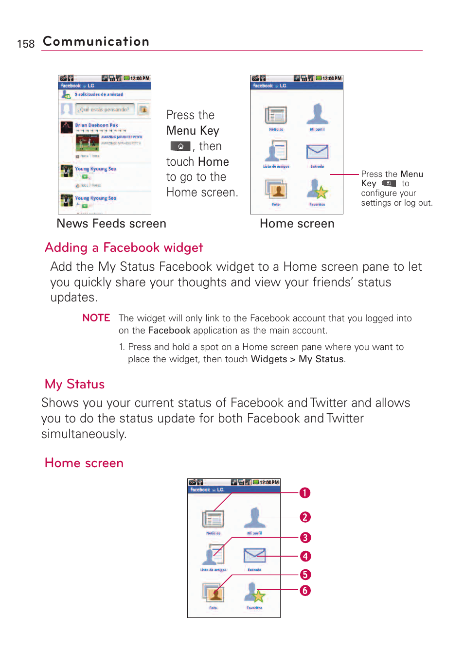 Adding a facebook widget, My status, Home screen | Communication | LG VS660 User Manual | Page 160 / 692