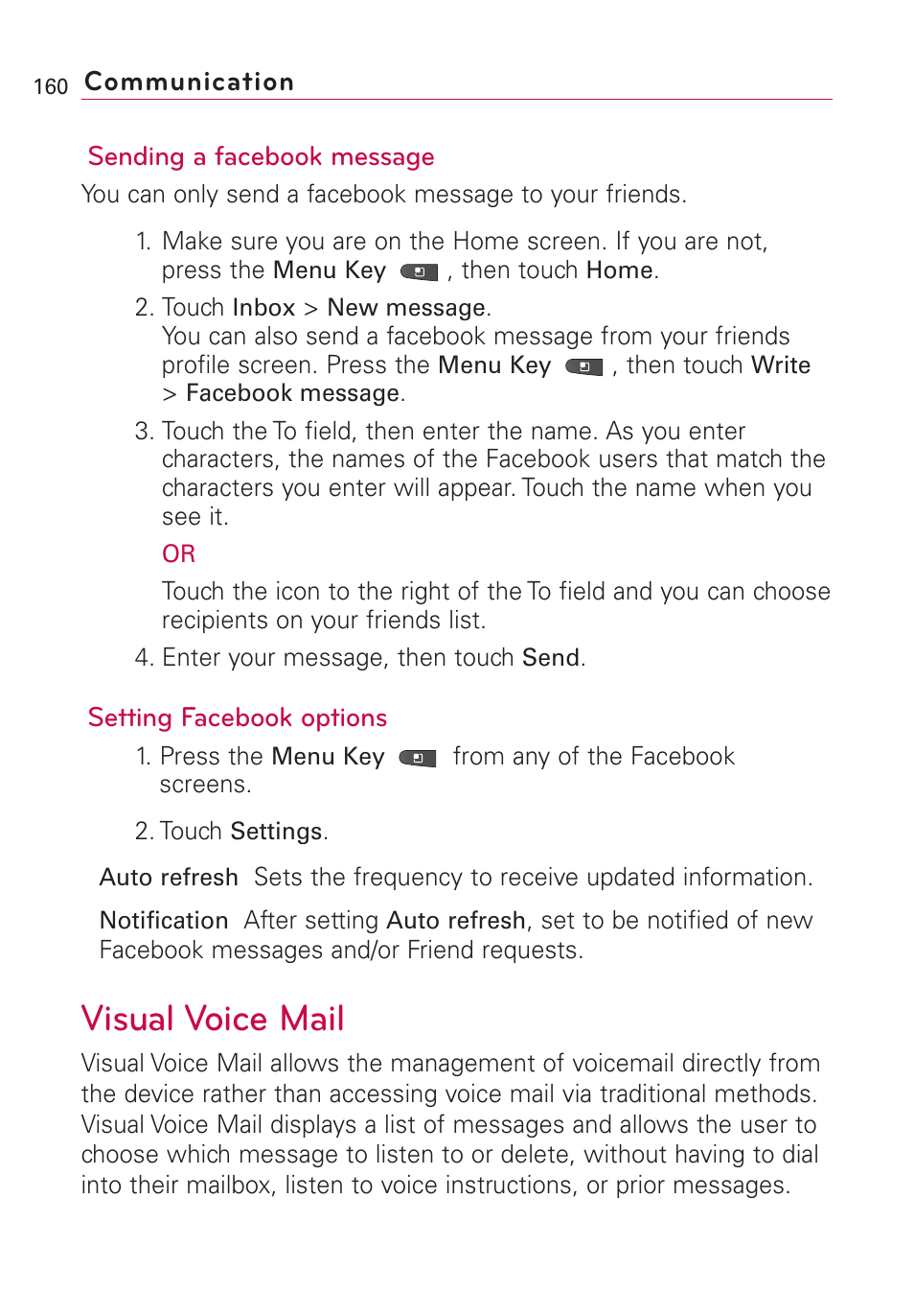 Visual voice mail | LG VS660 User Manual | Page 162 / 692