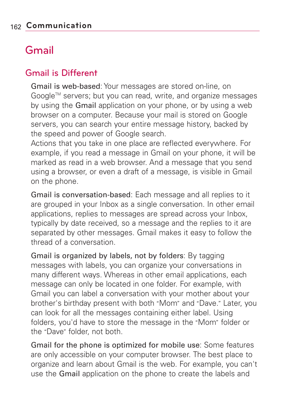 Gmail is different, Gmail, Communication | LG VS660 User Manual | Page 164 / 692