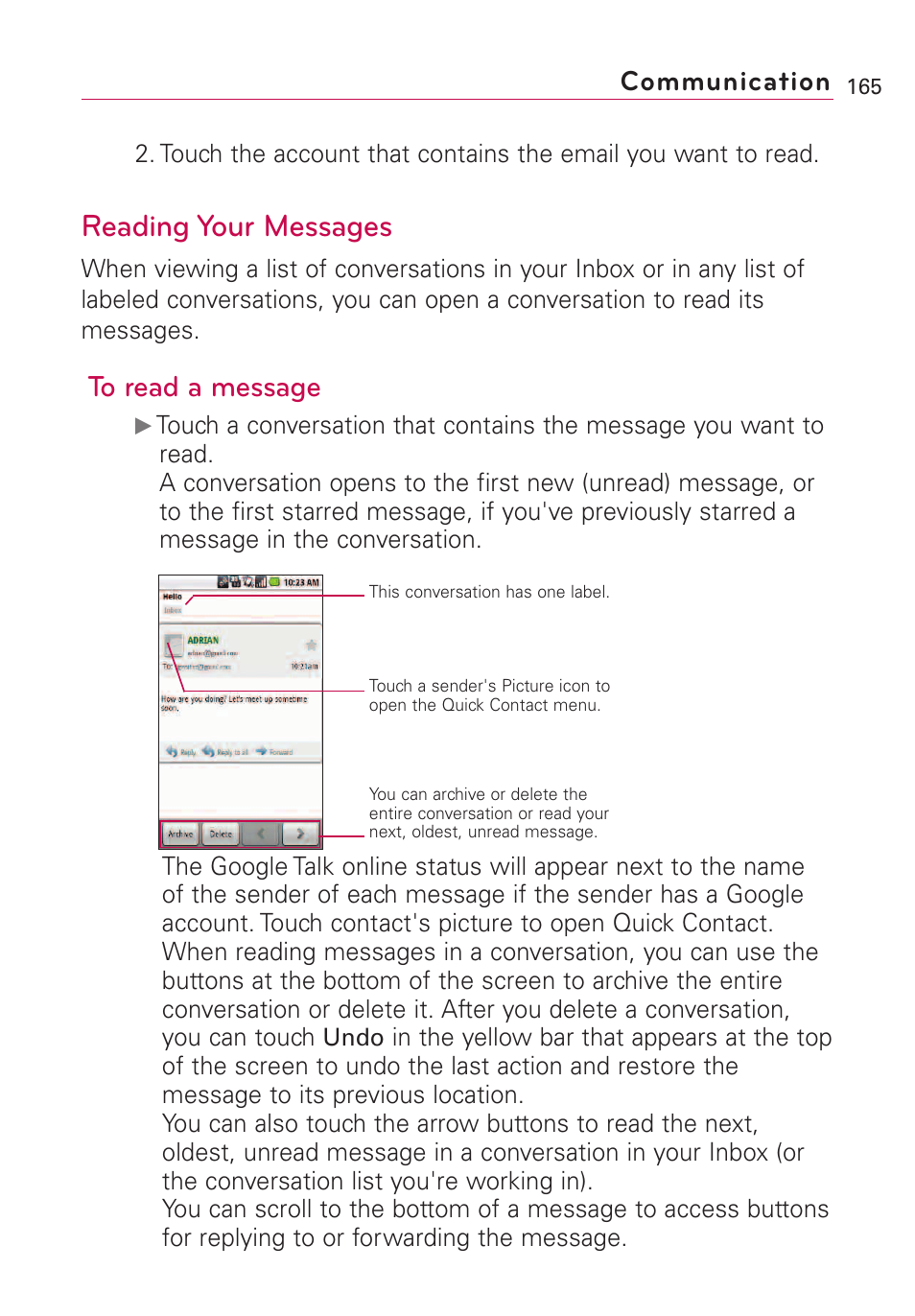 Reading your messages, Communication | LG VS660 User Manual | Page 167 / 692