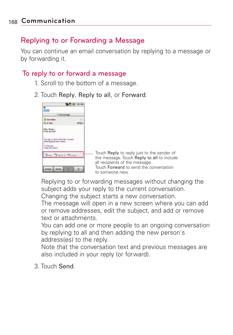 Replying to or forwarding a, Replying to or forwarding a message | LG VS660 User Manual | Page 170 / 692