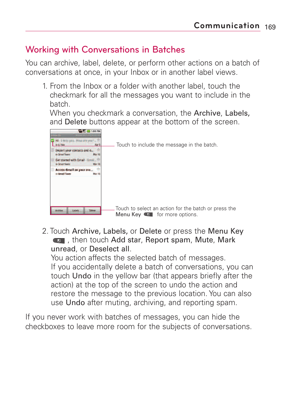 Working with conversations i, Working with conversations in batches, Communication | LG VS660 User Manual | Page 171 / 692