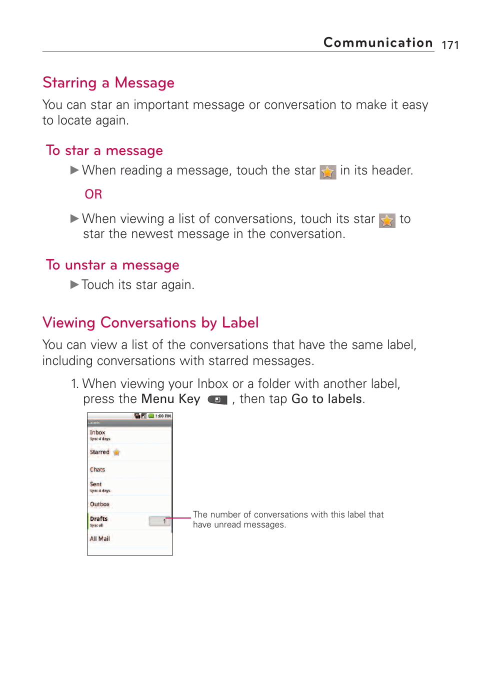 Starring a message, Viewing conversations by label, Starring a message viewing conversations by label | Communication | LG VS660 User Manual | Page 173 / 692