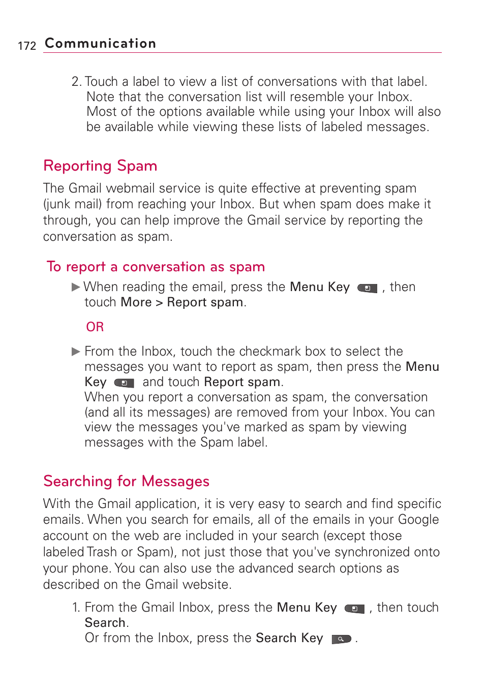 Reporting spam, Searching for messages, Reporting spam searching for messages | LG VS660 User Manual | Page 174 / 692