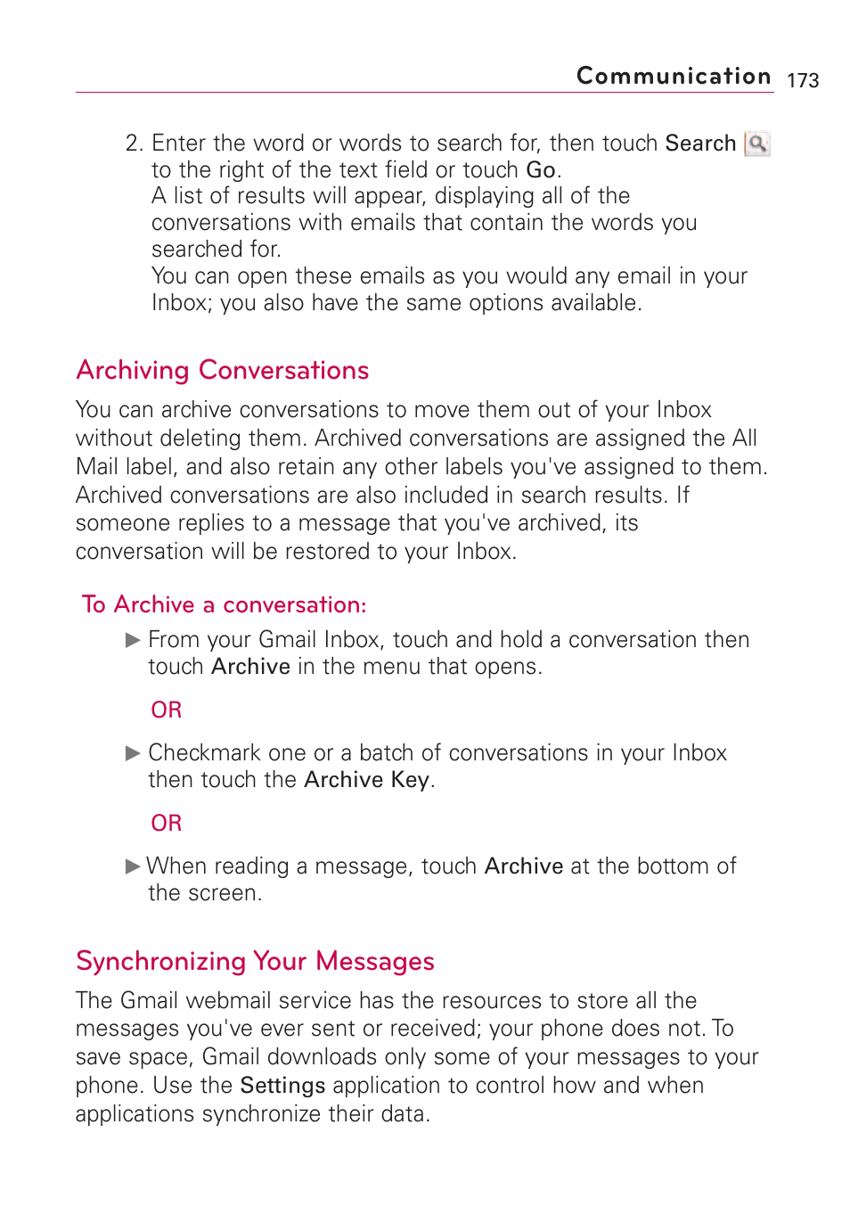 Archiving conversations, Synchronizing your messages, Communication | LG VS660 User Manual | Page 175 / 692