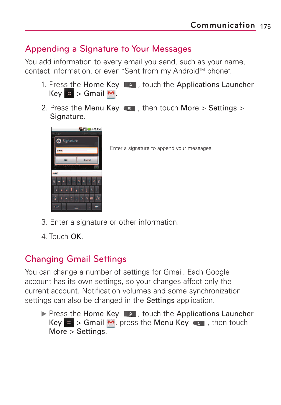 Appending a signature to you, Changing gmail settings, Appending a signature to your messages | Communication | LG VS660 User Manual | Page 177 / 692