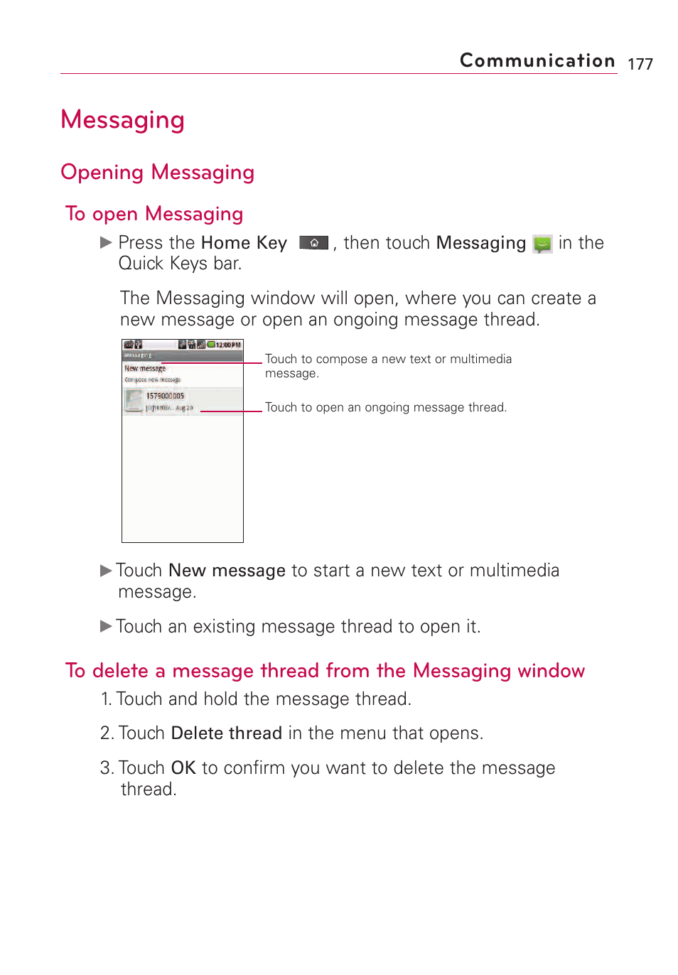 Messaging, Opening messaging, Communication | LG VS660 User Manual | Page 179 / 692