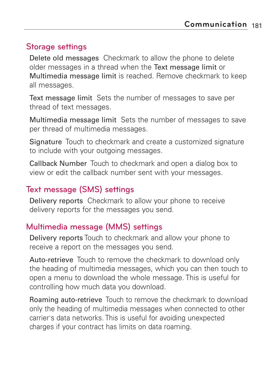 Storage settings, Text message (sms) settings, Multimedia message (mms) settings | LG VS660 User Manual | Page 183 / 692