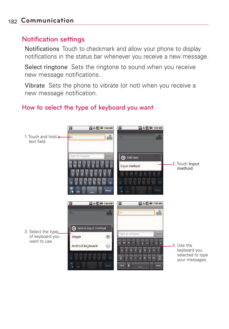 Notification settings, How to select the type of keyboard you want, Communication | LG VS660 User Manual | Page 184 / 692
