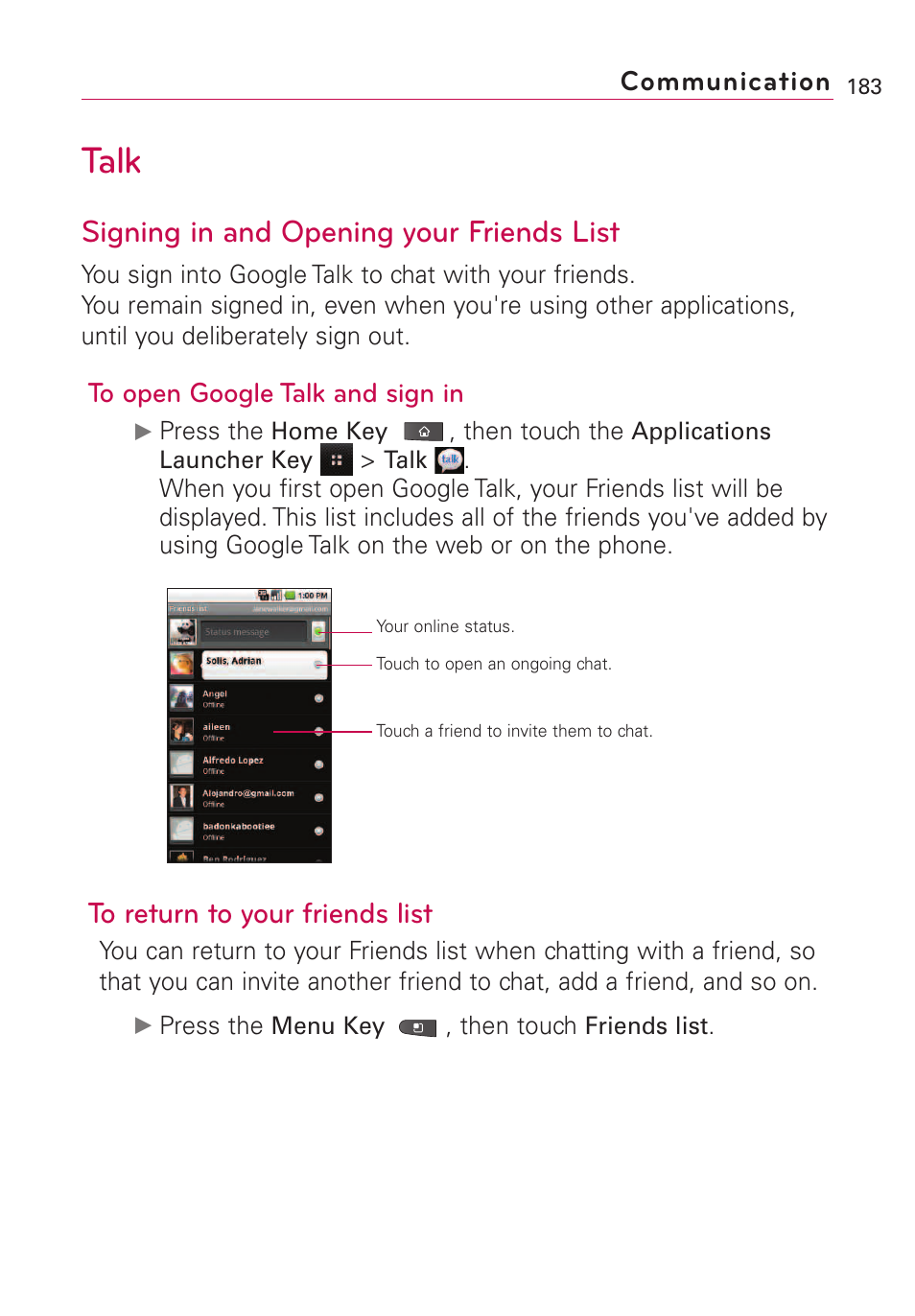 Talk, Signing in and opening your, Signing in and opening your friends list | Communication | LG VS660 User Manual | Page 185 / 692