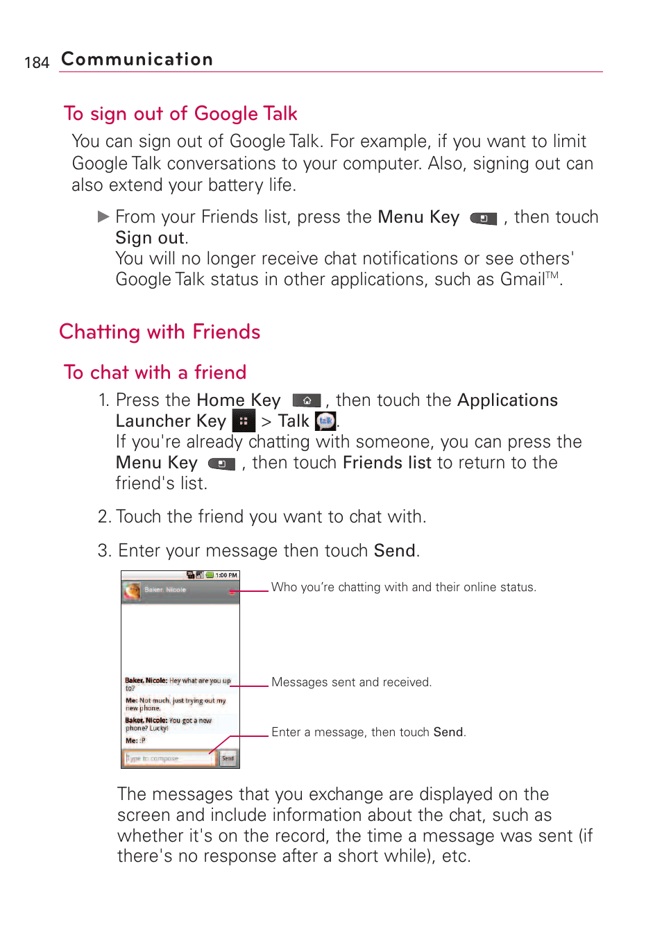 Chatting with friends, Communication | LG VS660 User Manual | Page 186 / 692