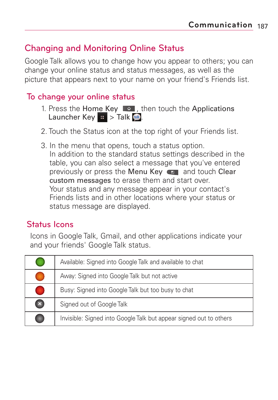 Changing and monitoring onli, Changing and monitoring online status, Status icons | LG VS660 User Manual | Page 189 / 692