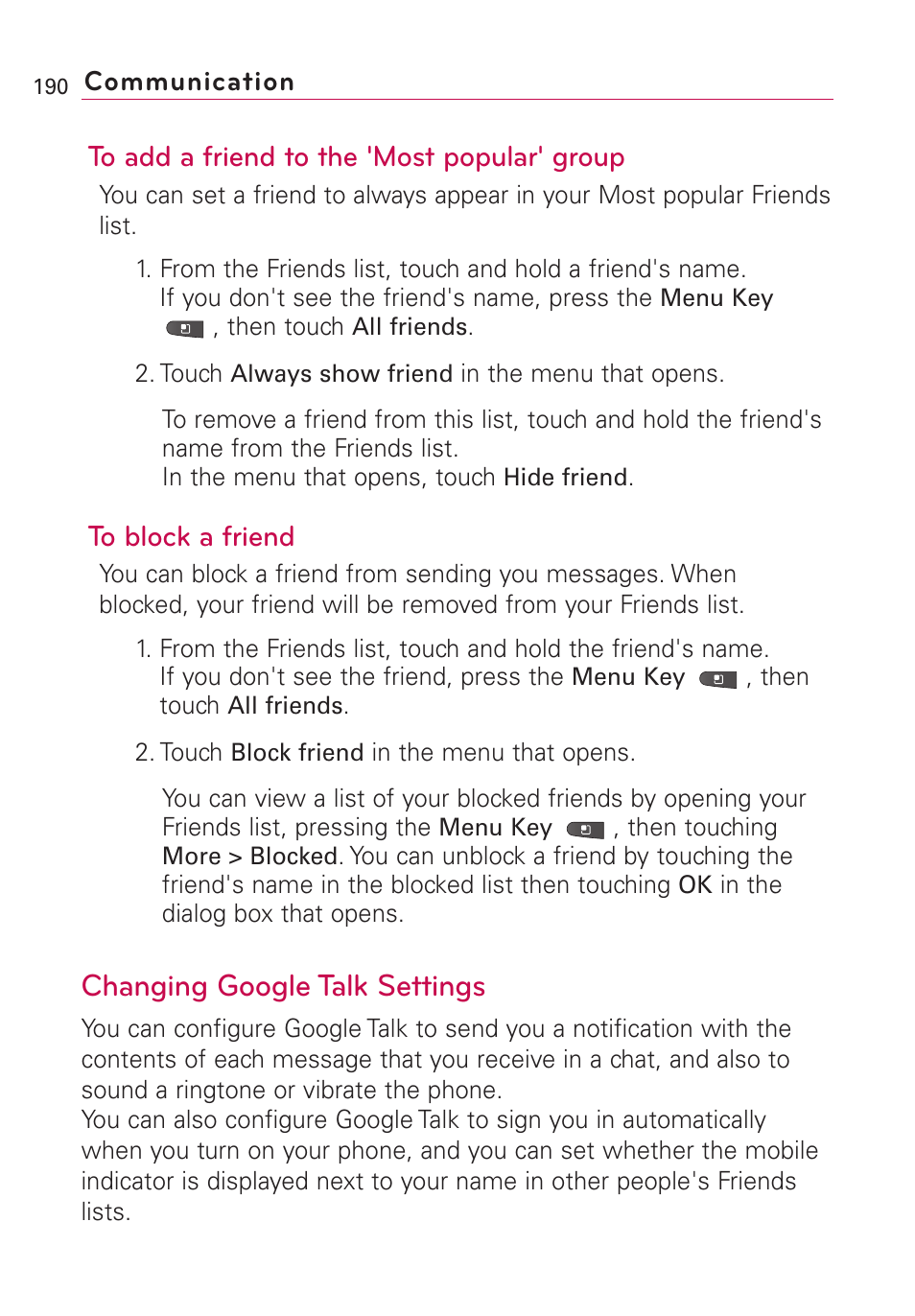 Changing google talk settings | LG VS660 User Manual | Page 192 / 692