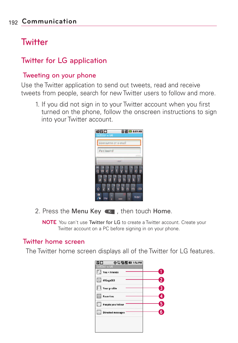 Twitter, Twitter for lg application | LG VS660 User Manual | Page 194 / 692