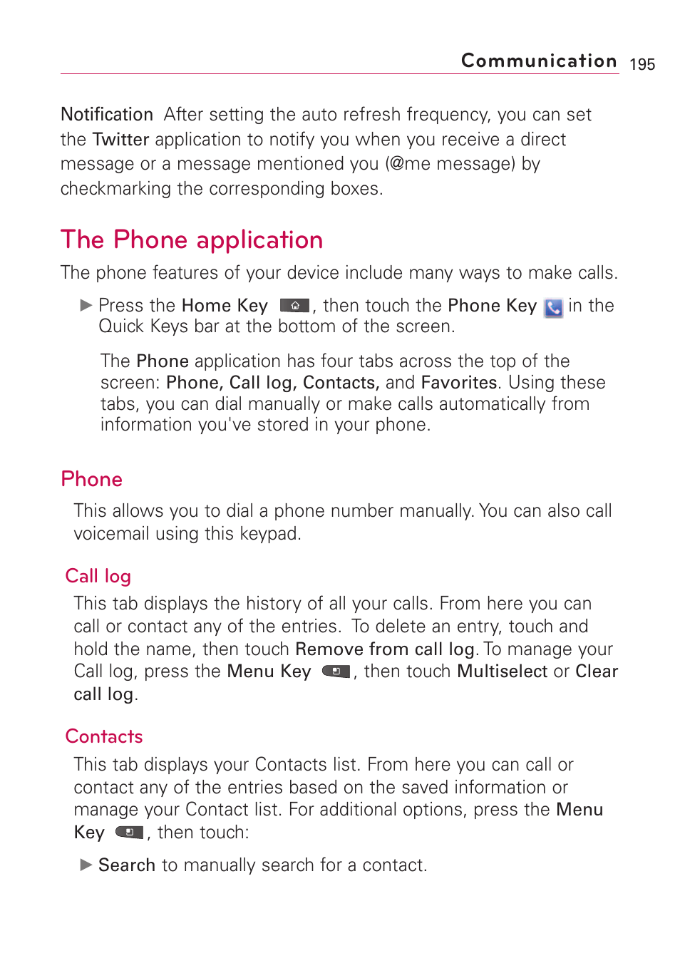 The phone application, Phone | LG VS660 User Manual | Page 197 / 692