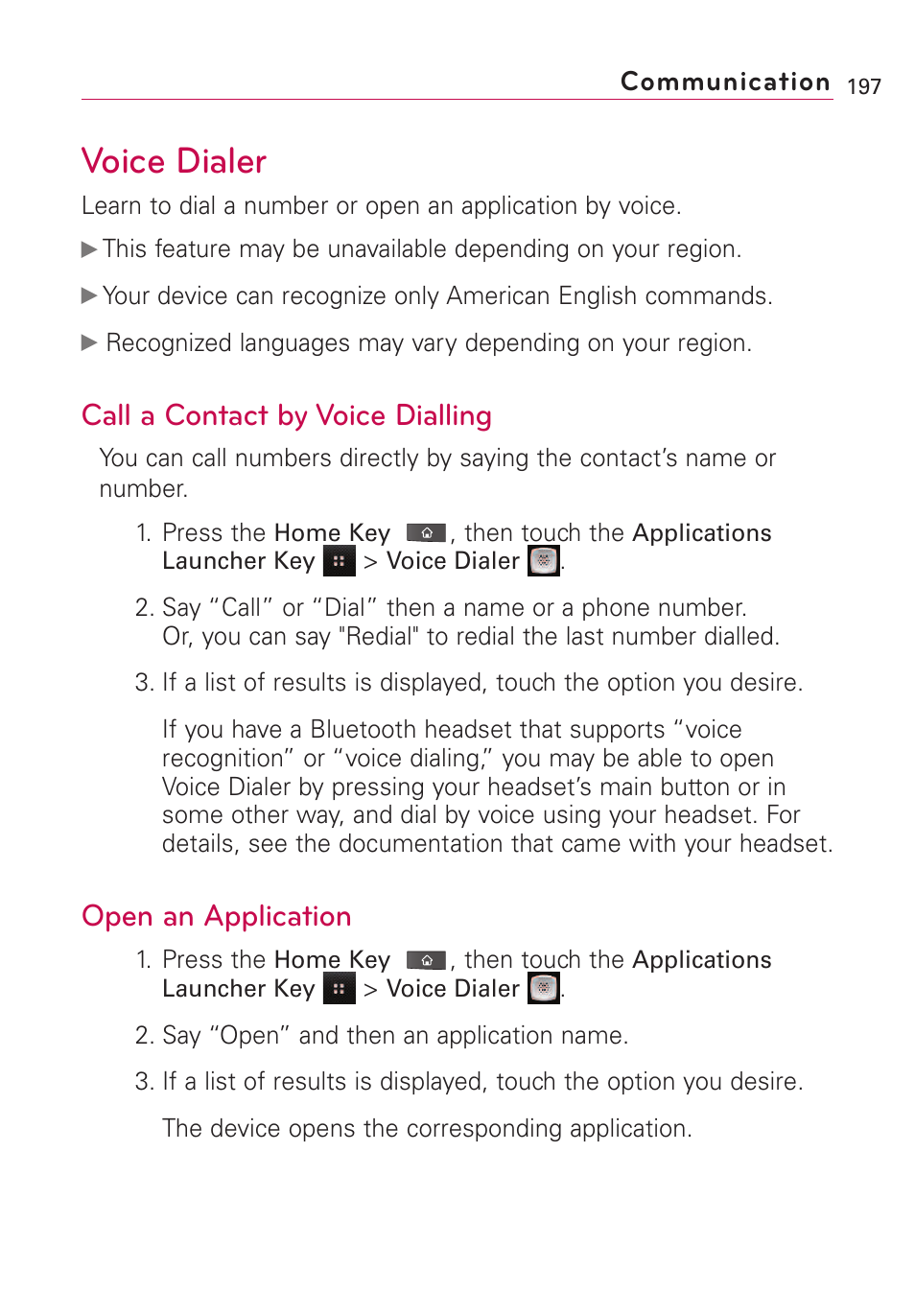 Voice dialer, Call a contact by voice dial, Open an application | Call a contact by voice dialling | LG VS660 User Manual | Page 199 / 692