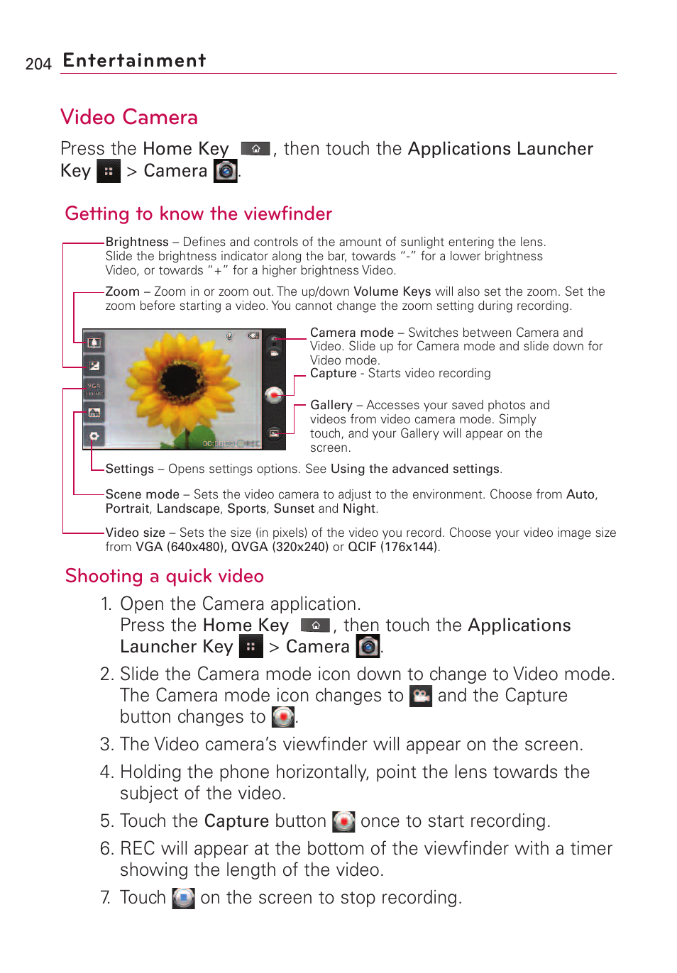 Video camera, Entertainment | LG VS660 User Manual | Page 206 / 692