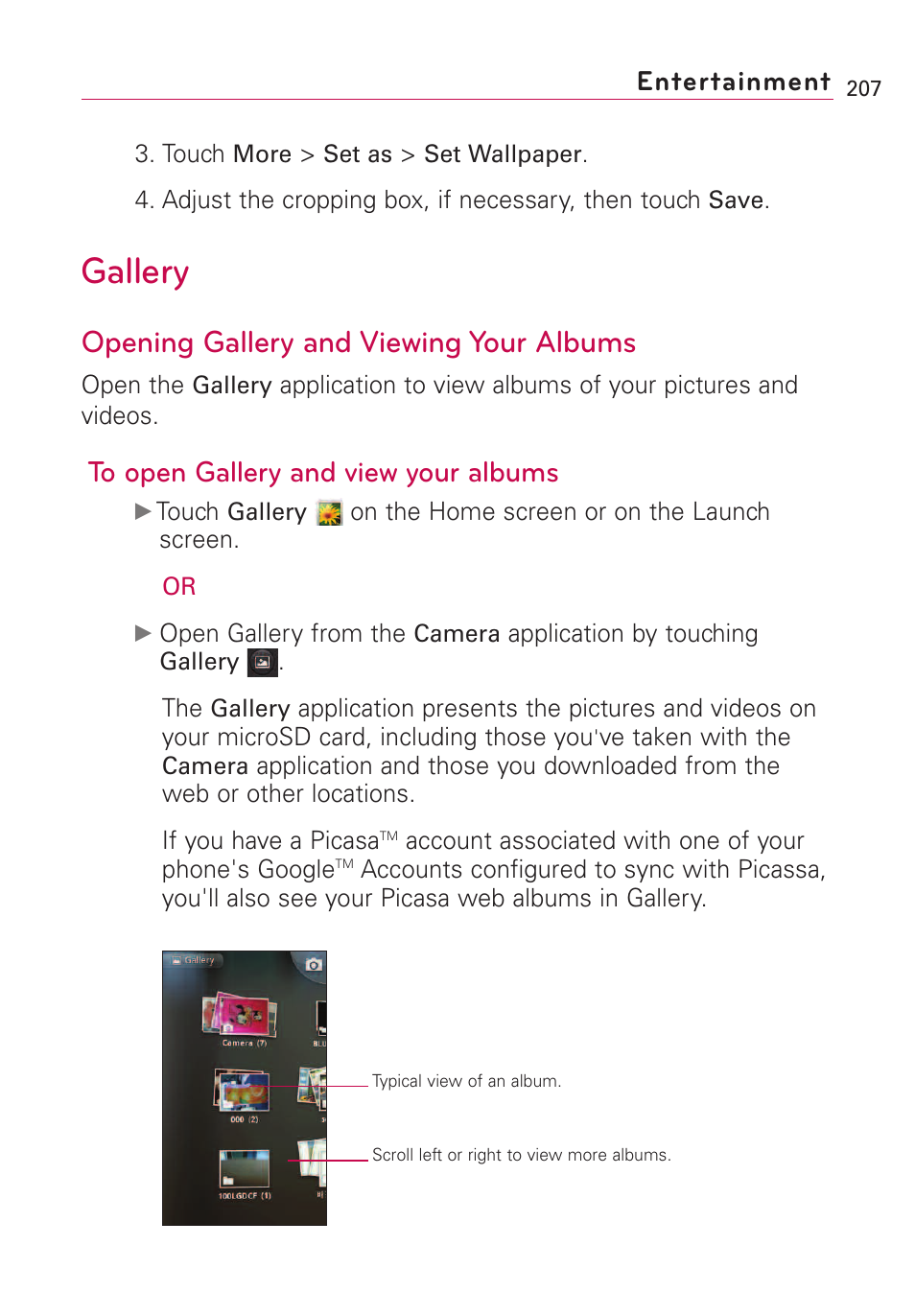 Gallery, Opening gallery and viewing, Opening gallery and viewing your albums | Entertainment | LG VS660 User Manual | Page 209 / 692