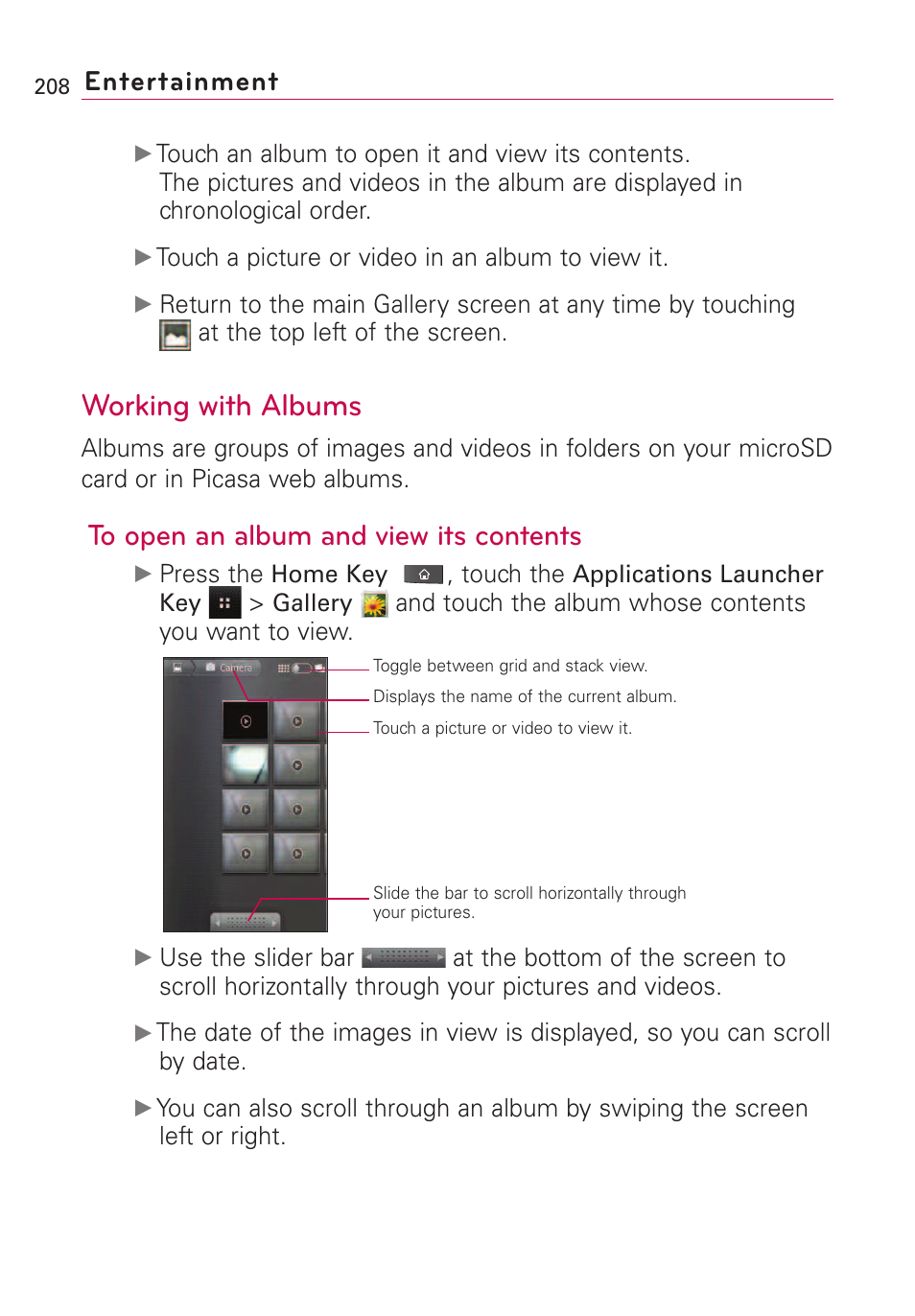 Working with albums, Entertainment | LG VS660 User Manual | Page 210 / 692