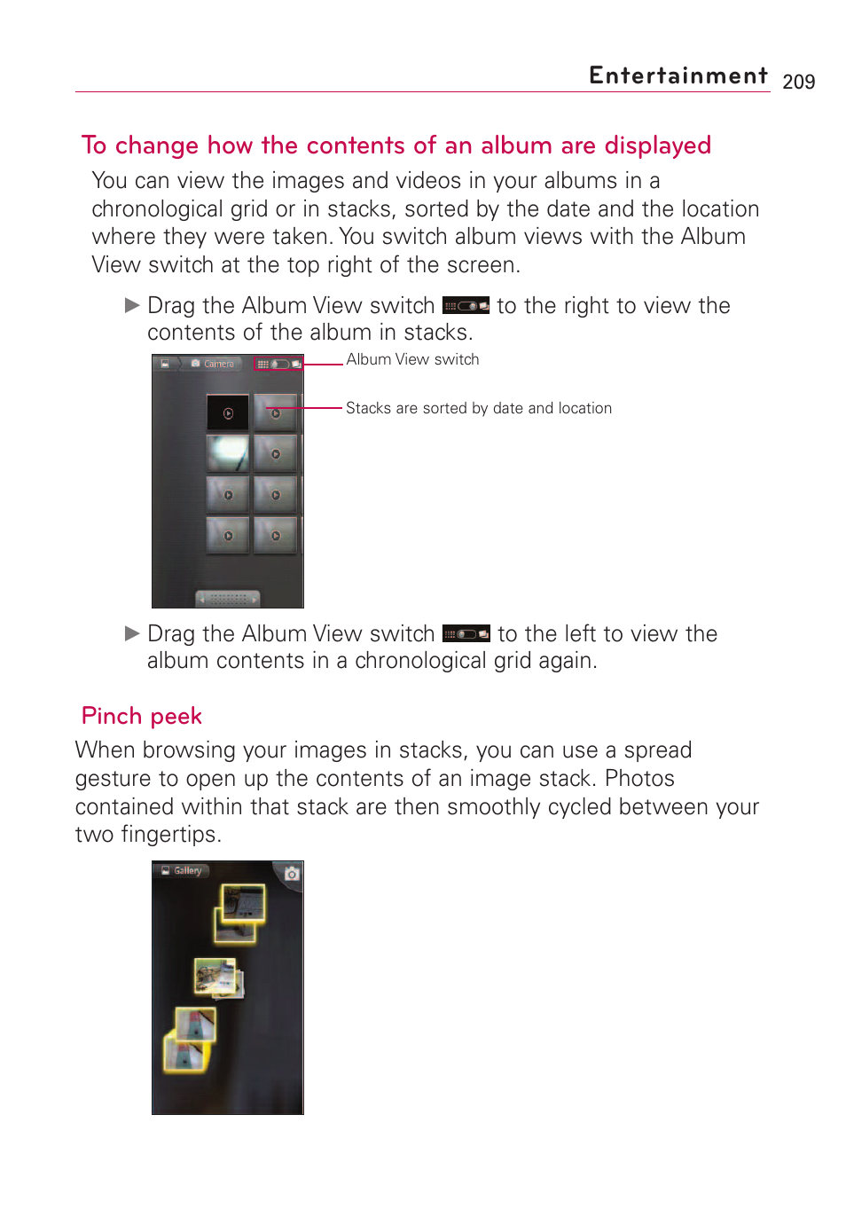 Pinch peek, Entertainment | LG VS660 User Manual | Page 211 / 692