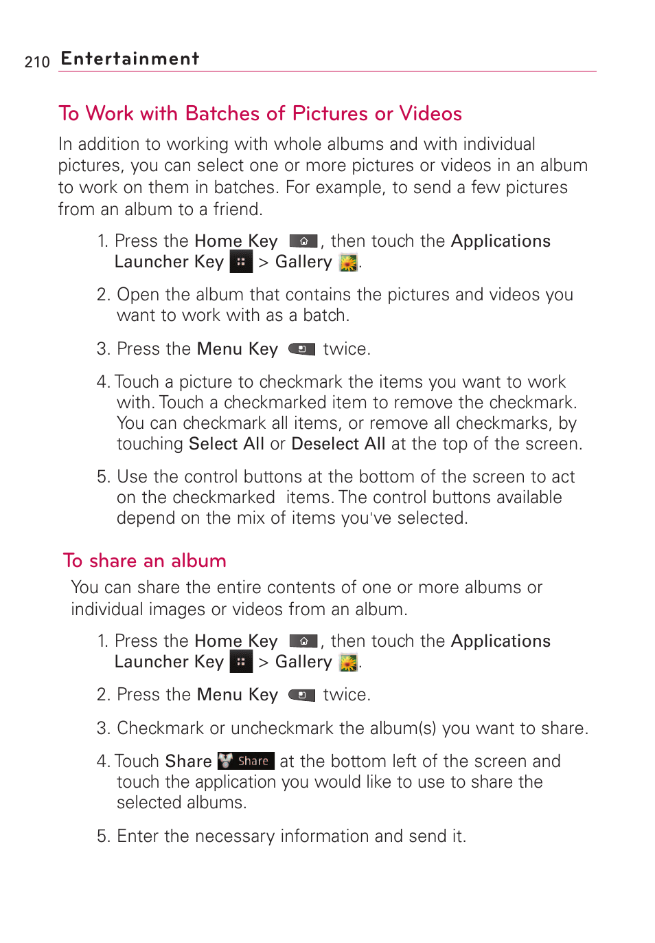 To work with batches of pict, To work with batches of pictures or videos | LG VS660 User Manual | Page 212 / 692