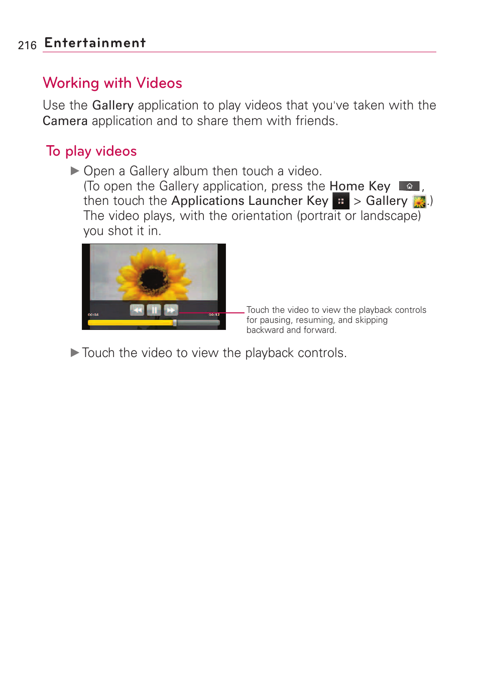 Working with videos, Entertainment | LG VS660 User Manual | Page 218 / 692