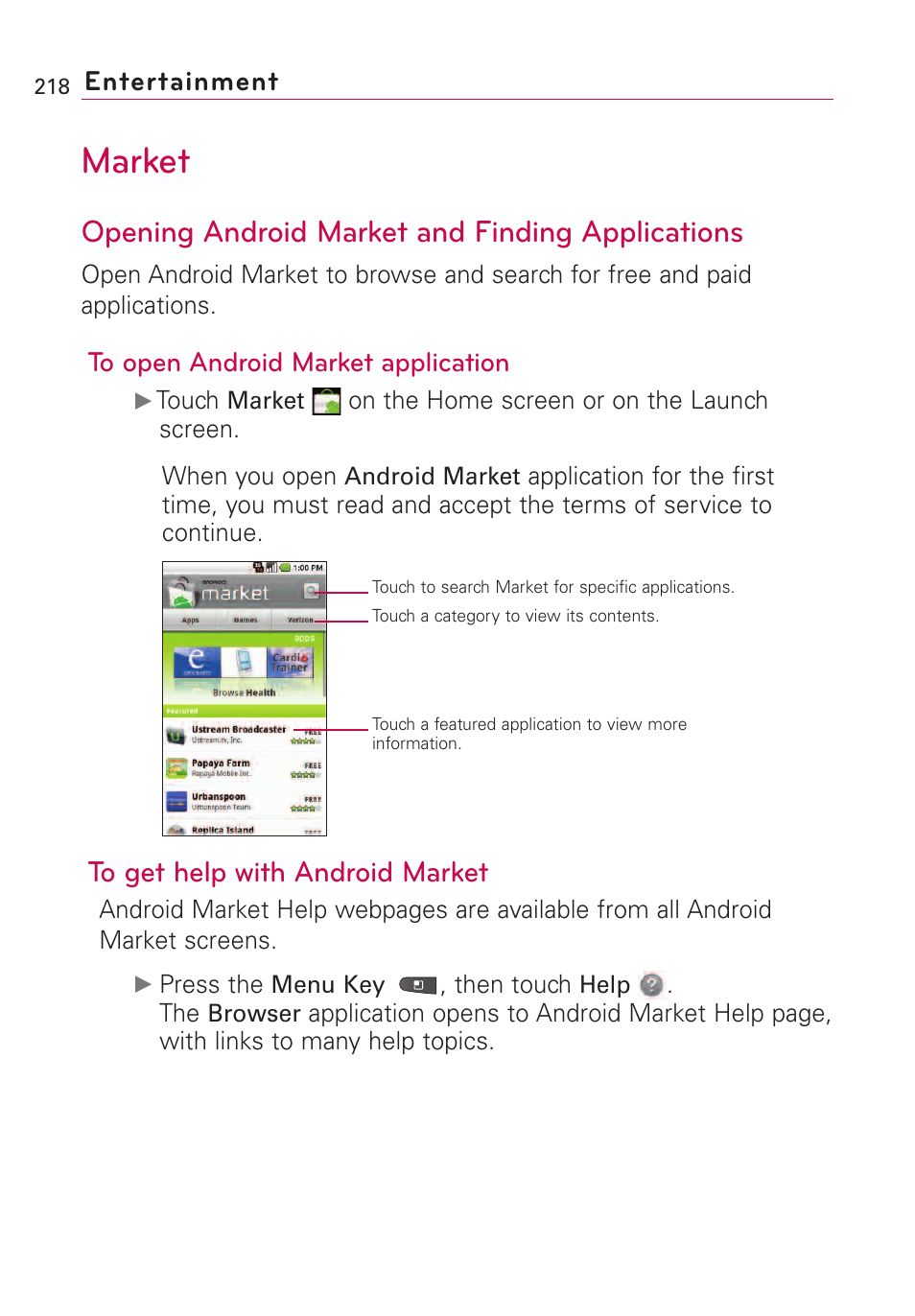 Market, Opening android market and f, Opening android market and finding applications | Entertainment | LG VS660 User Manual | Page 220 / 692