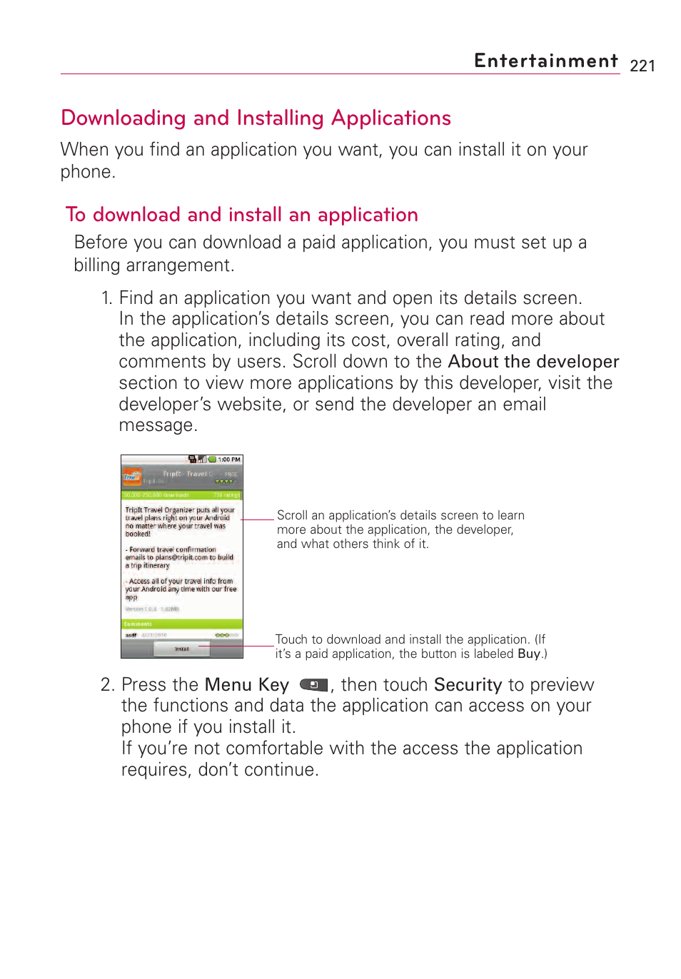 Downloading and installing a, Downloading and installing applications, Entertainment | LG VS660 User Manual | Page 223 / 692