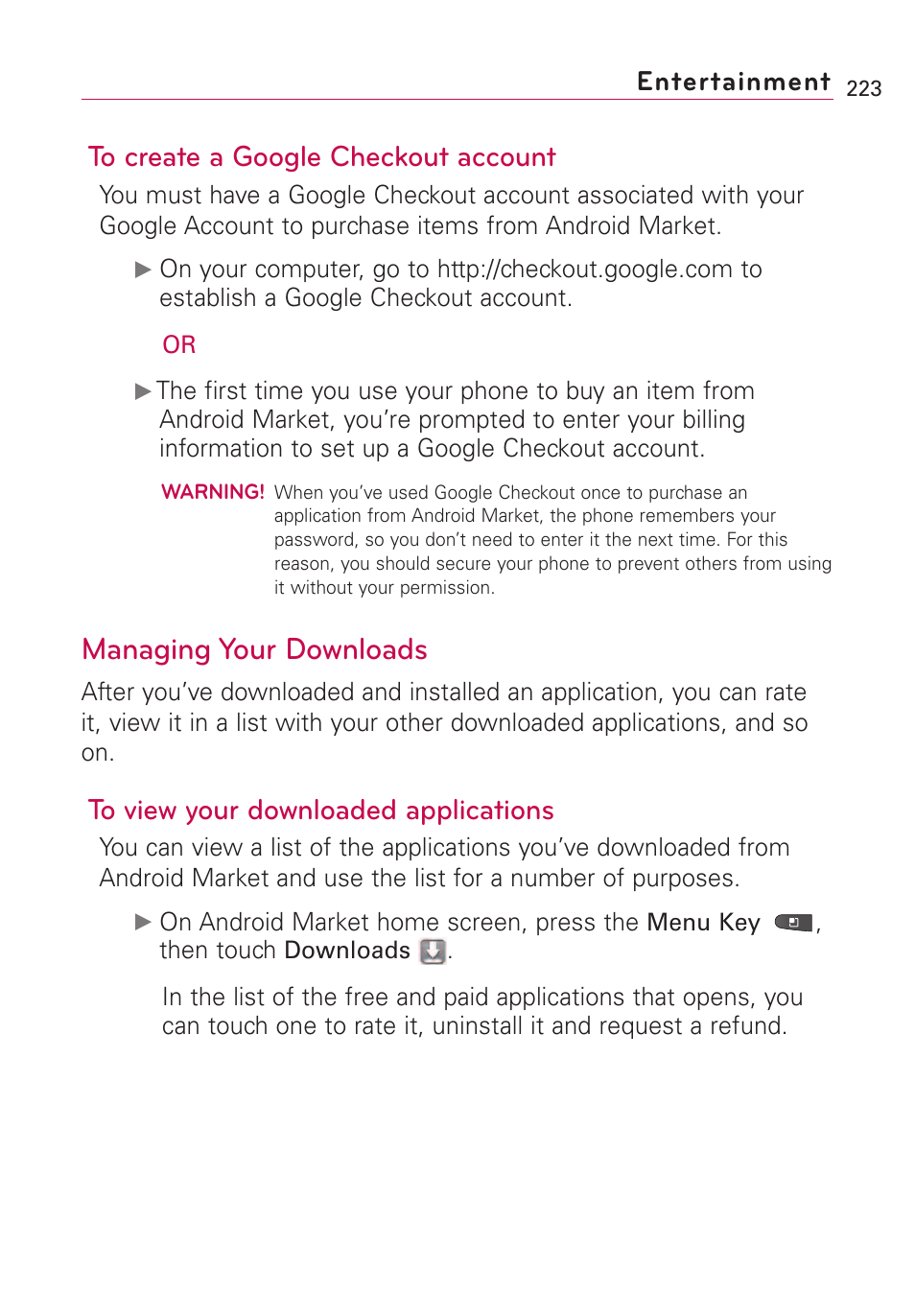 Managing your downloads, Entertainment | LG VS660 User Manual | Page 225 / 692