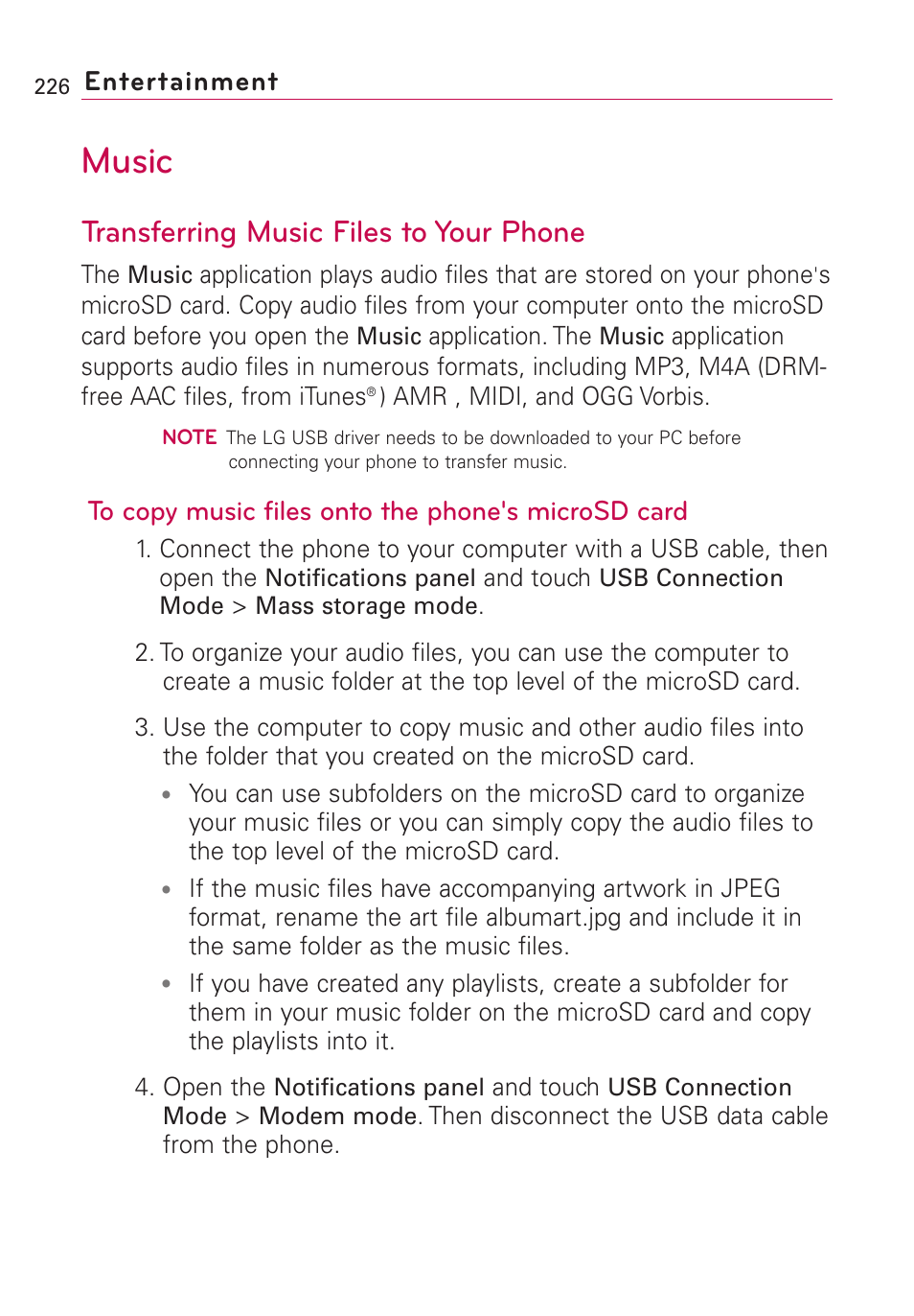 Music, Transferring music files to, Transferring music files to your phone | Entertainment | LG VS660 User Manual | Page 228 / 692