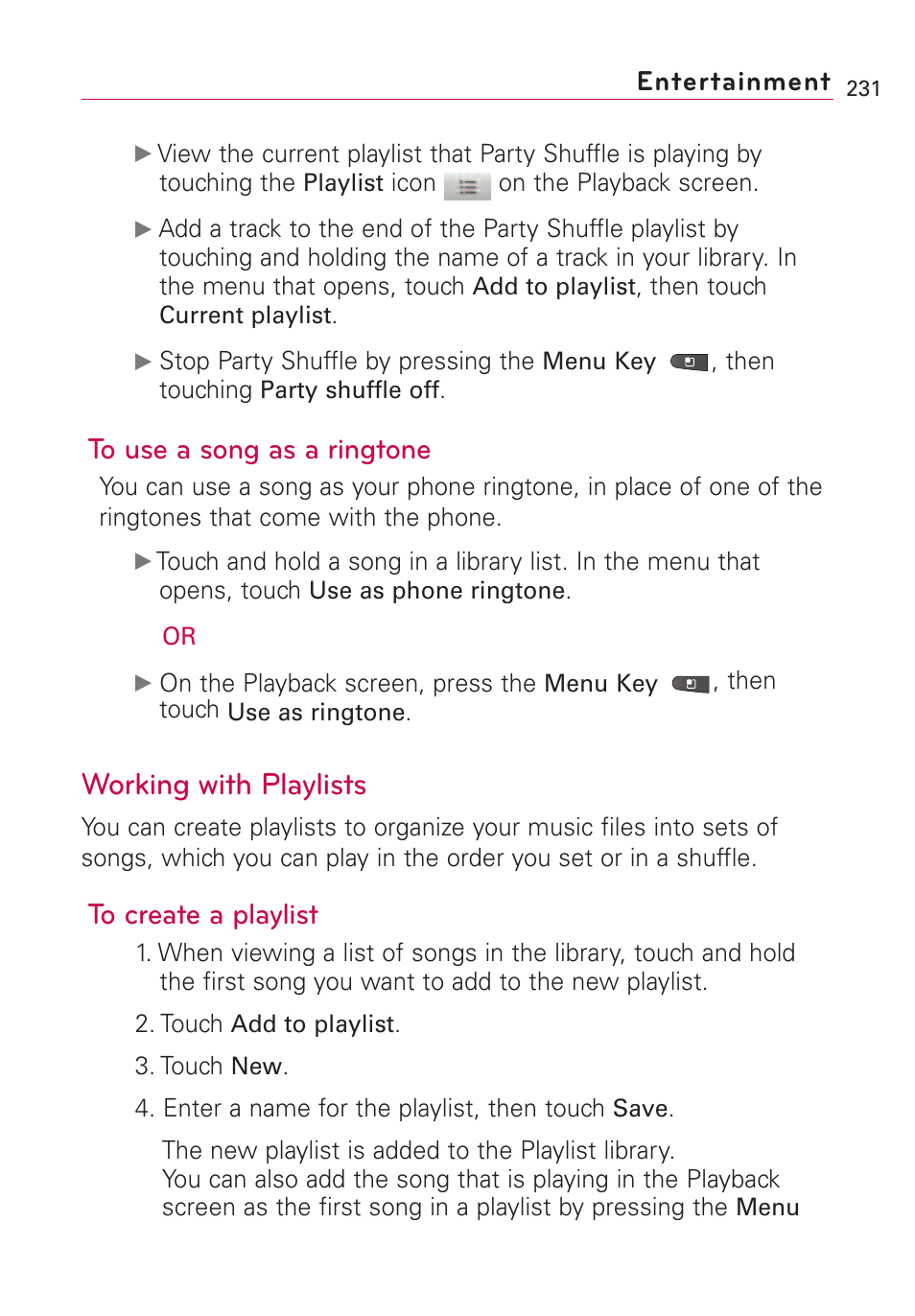 Working with playlists, Entertainment | LG VS660 User Manual | Page 233 / 692