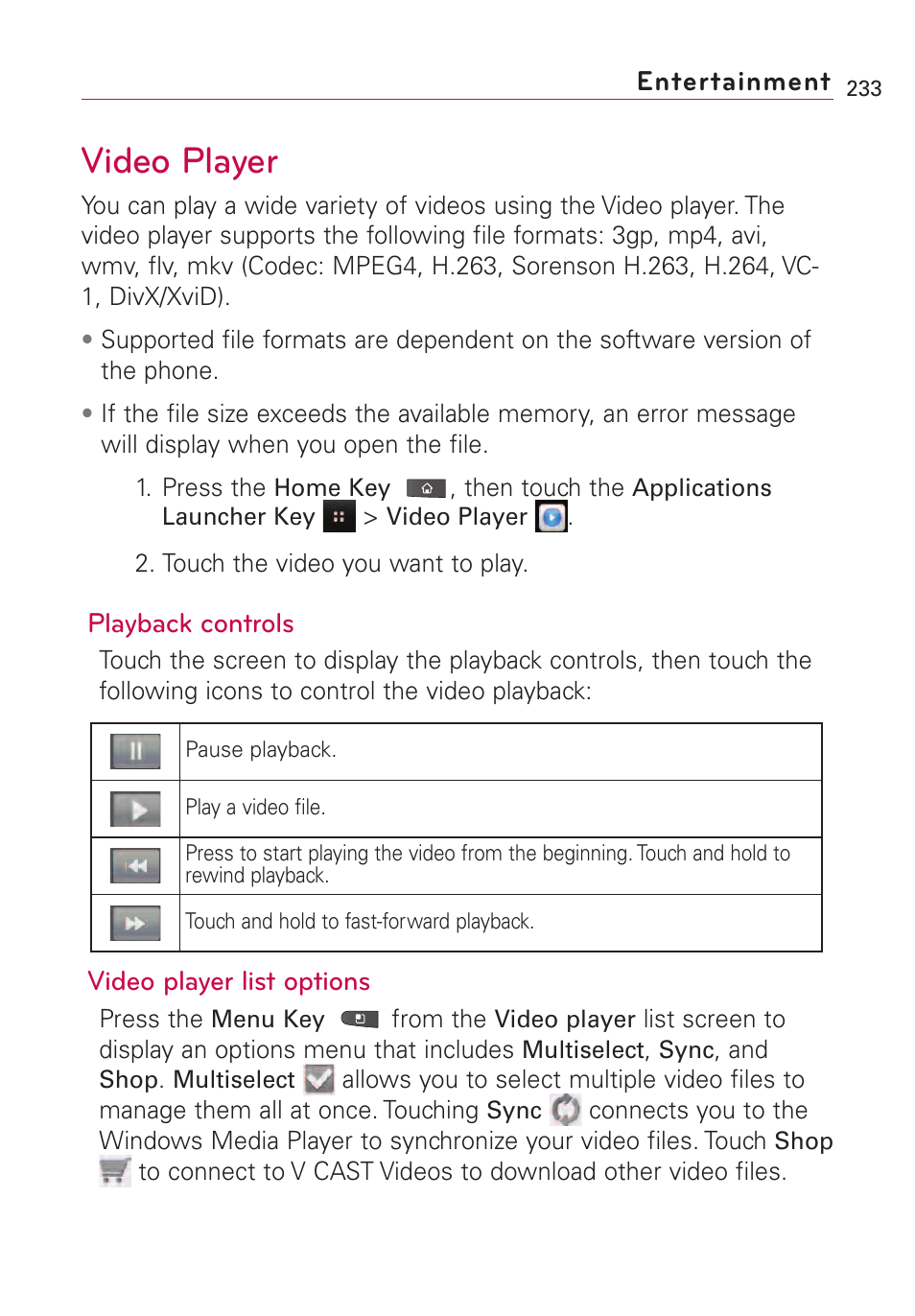 Video player | LG VS660 User Manual | Page 235 / 692
